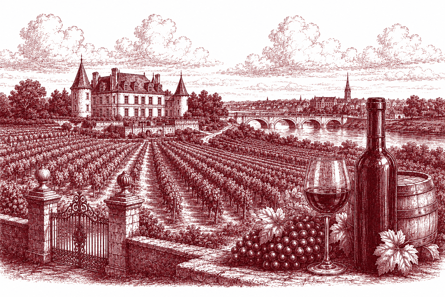 Burgundy ink illustration of Bordeaux — a grand château above ordered rows of vines, the Gironde and a stone bridge beyond, with a wine glass, bottle and cask in the foreground