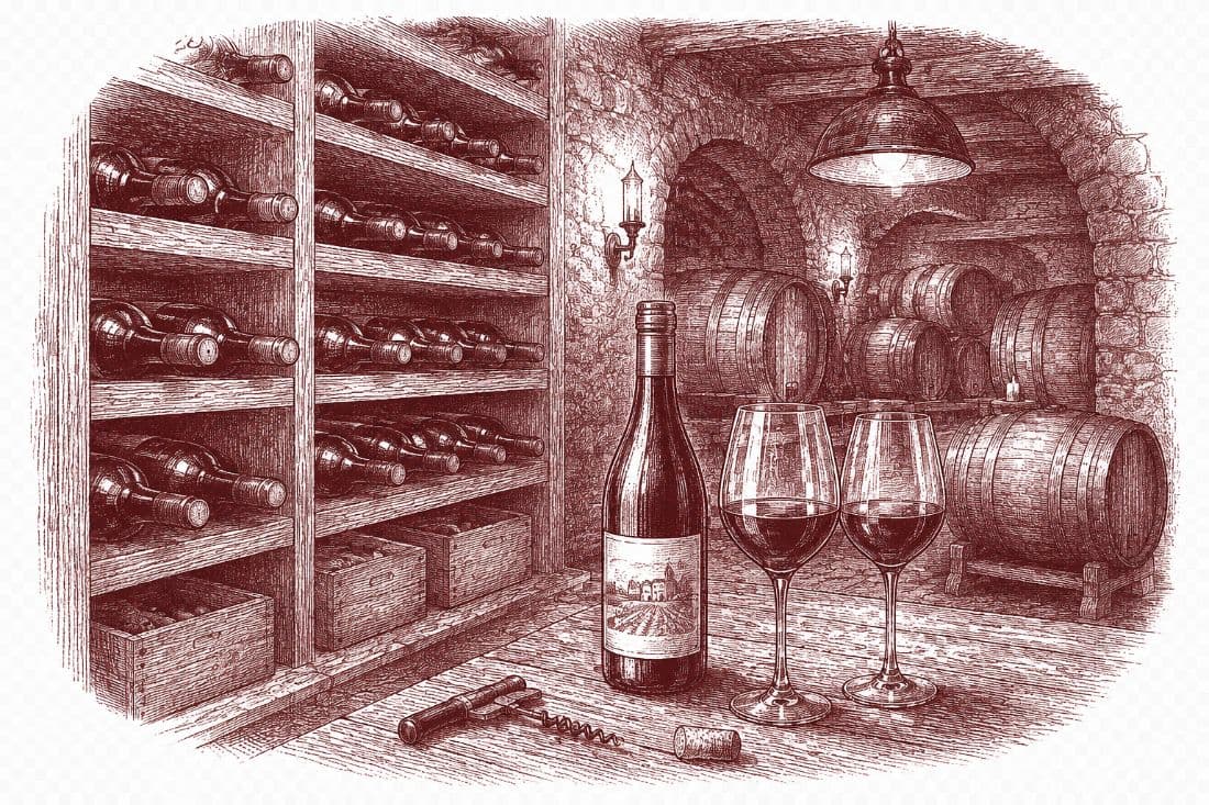 Ink and burgundy engraving of a wine cellar — bottles resting on their side in racks, oak barrels, and a bottle with two filled glasses and a corkscrew in the foreground
