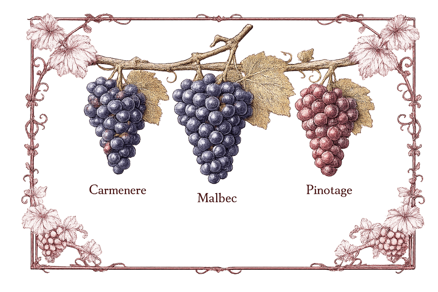 Botanical illustration of three grape clusters on a single branch — labelled Carmenere, Malbec and Pinotage — framed by ornamental burgundy vine scrollwork