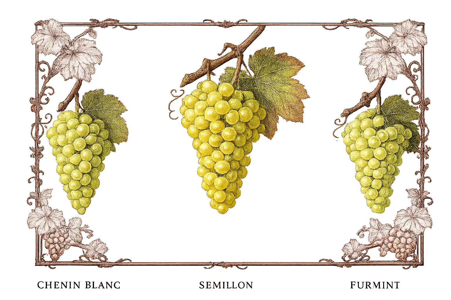 Botanical illustration of three green grape clusters labelled Chenin Blanc, Sémillon and Furmint, framed by ornamental vine scrollwork
