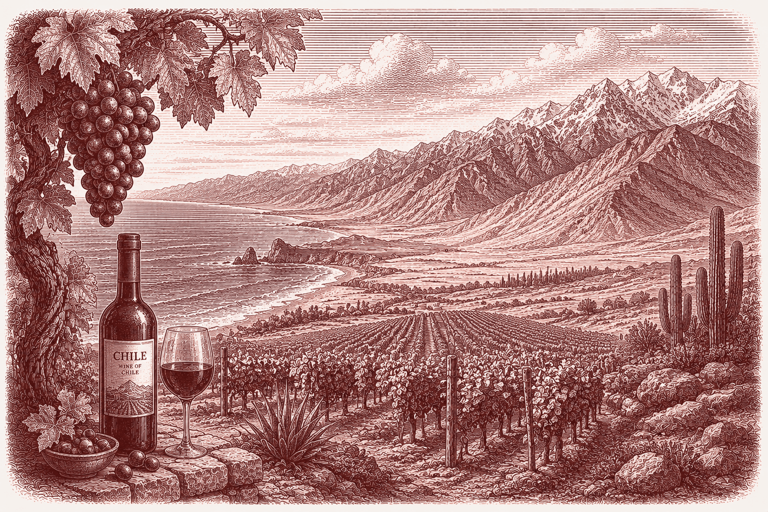 Burgundy ink illustration of a Chilean wine landscape — vine rows on stony ground between the Pacific coast and the snow-capped Andes, with cacti and a bottle and glass of Chilean wine in the foreground