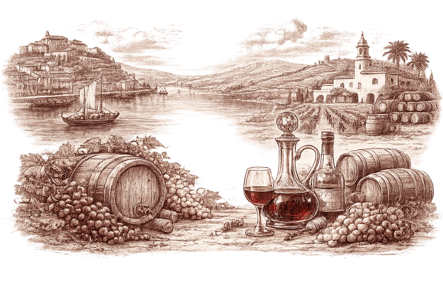 Sepia engraving of the Douro Valley and the vineyards of Jerez, with a decanter, bottle and oak barrels