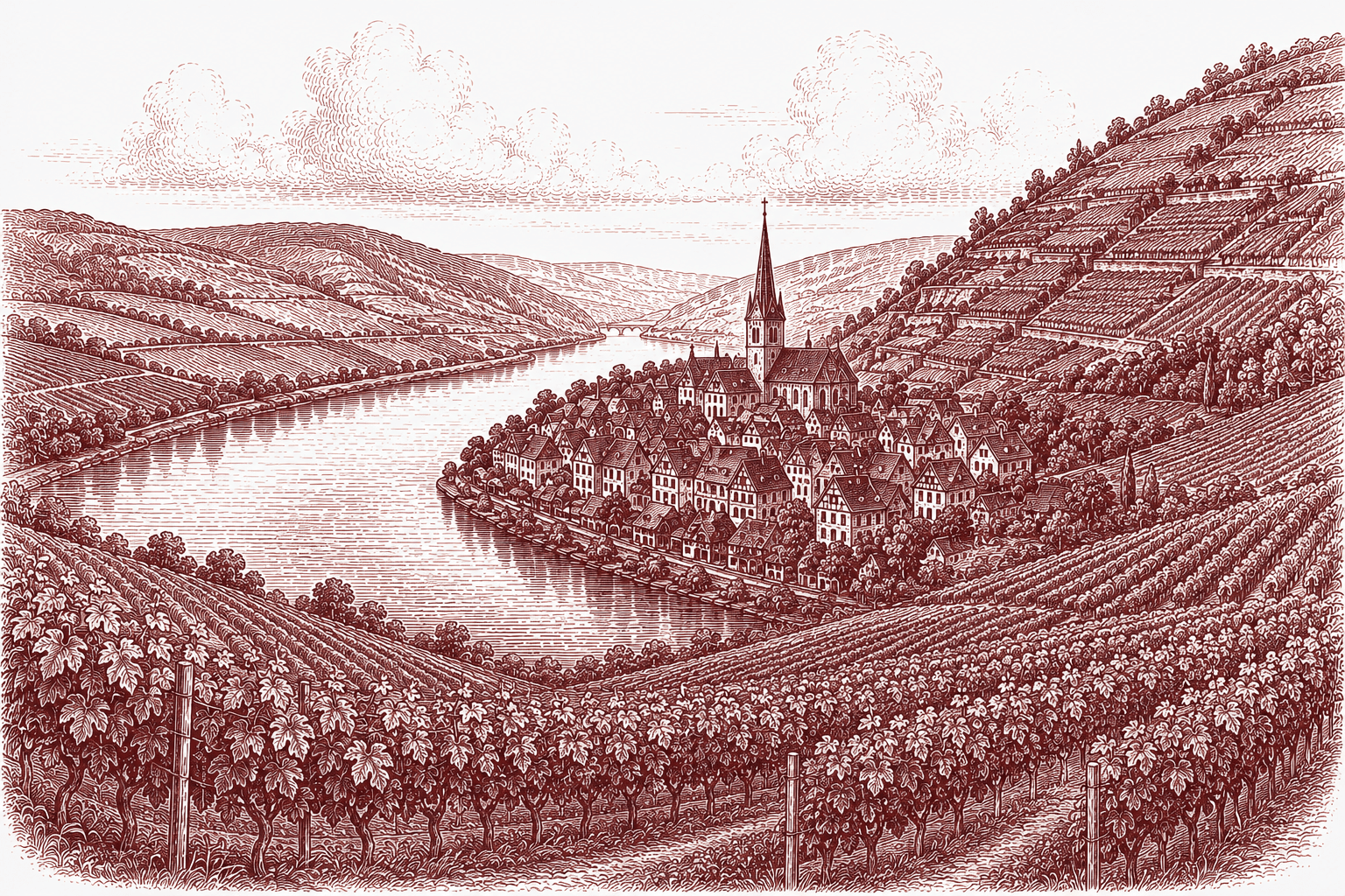 Burgundy ink illustration of the Mosel — a river looping past a steep-sloped village with a church spire, terraced vineyards climbing the hillsides above the water
