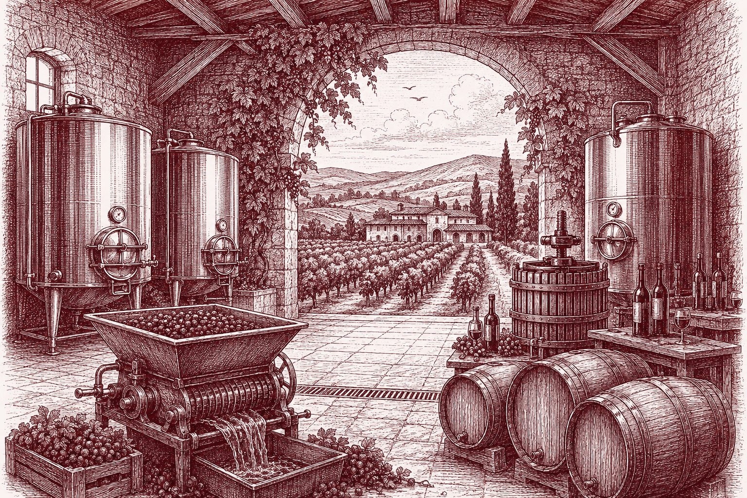 Ink and burgundy engraving of a winery interior — fermentation tanks, a basket press, barrels and bottles, framed by an arch opening onto a vineyard