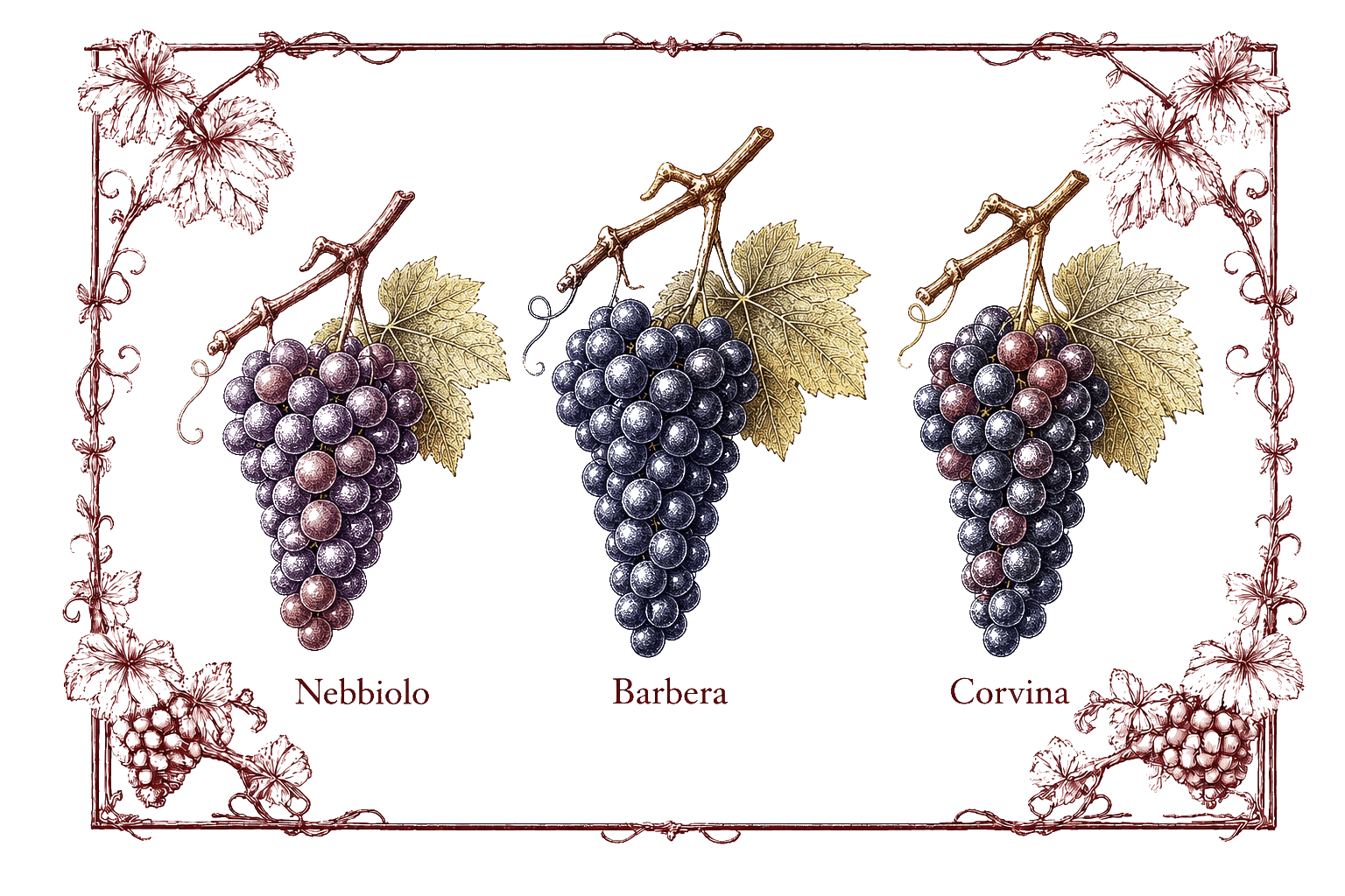 Botanical illustration of three dark grape clusters on a single branch — labelled Nebbiolo, Barbera and Corvina — framed by ornamental burgundy vine scrollwork