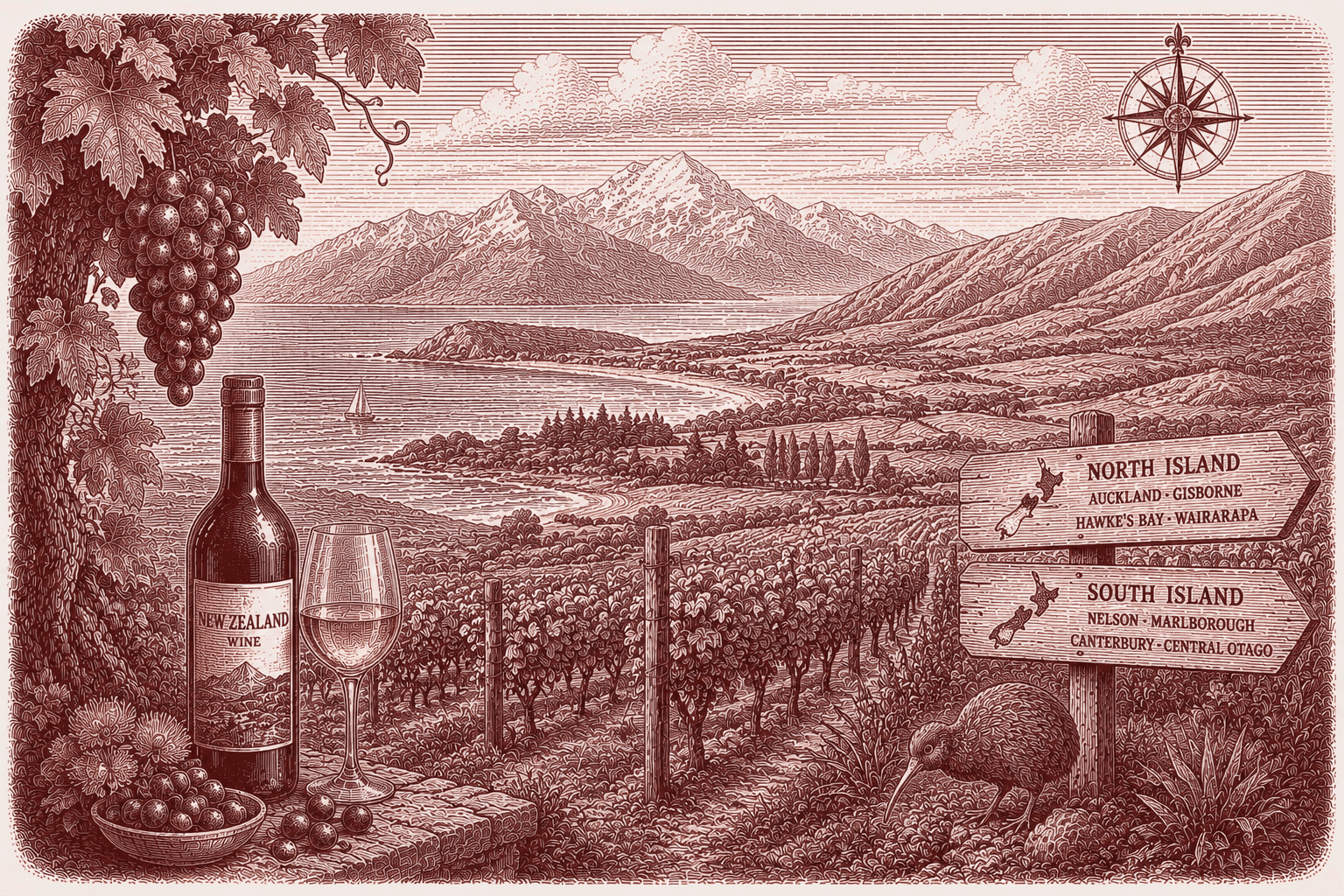 Burgundy ink illustration of a New Zealand vineyard — vine rows running towards a coastal bay backed by the Southern Alps, with a grapevine, a bottle and glass of New Zealand wine, a kiwi bird and a signpost pointing to the North and South Island regions