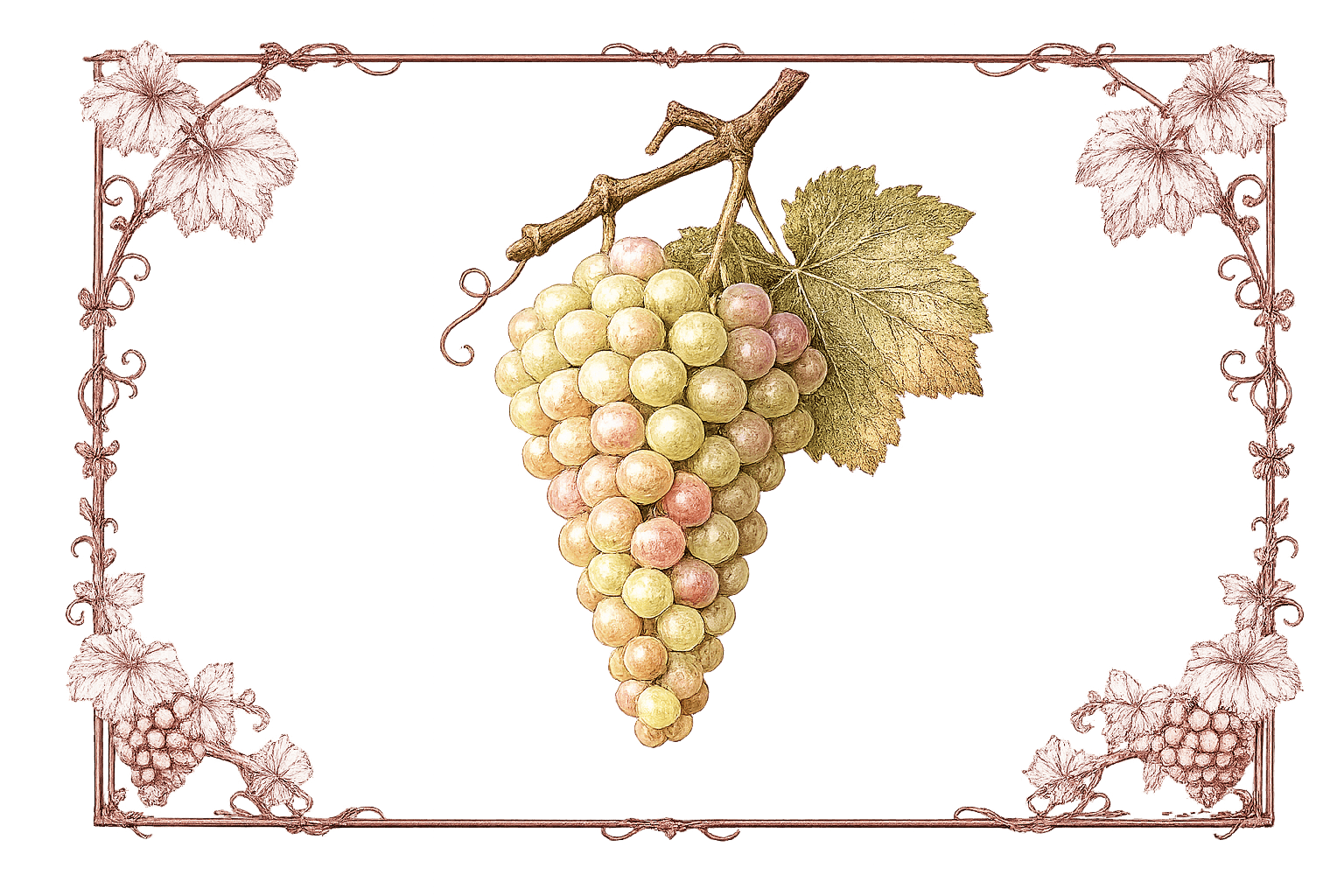 Botanical illustration of a grey-pink Pinot Gris grape cluster with a golden vine leaf, framed by ornamental burgundy vine scrollwork