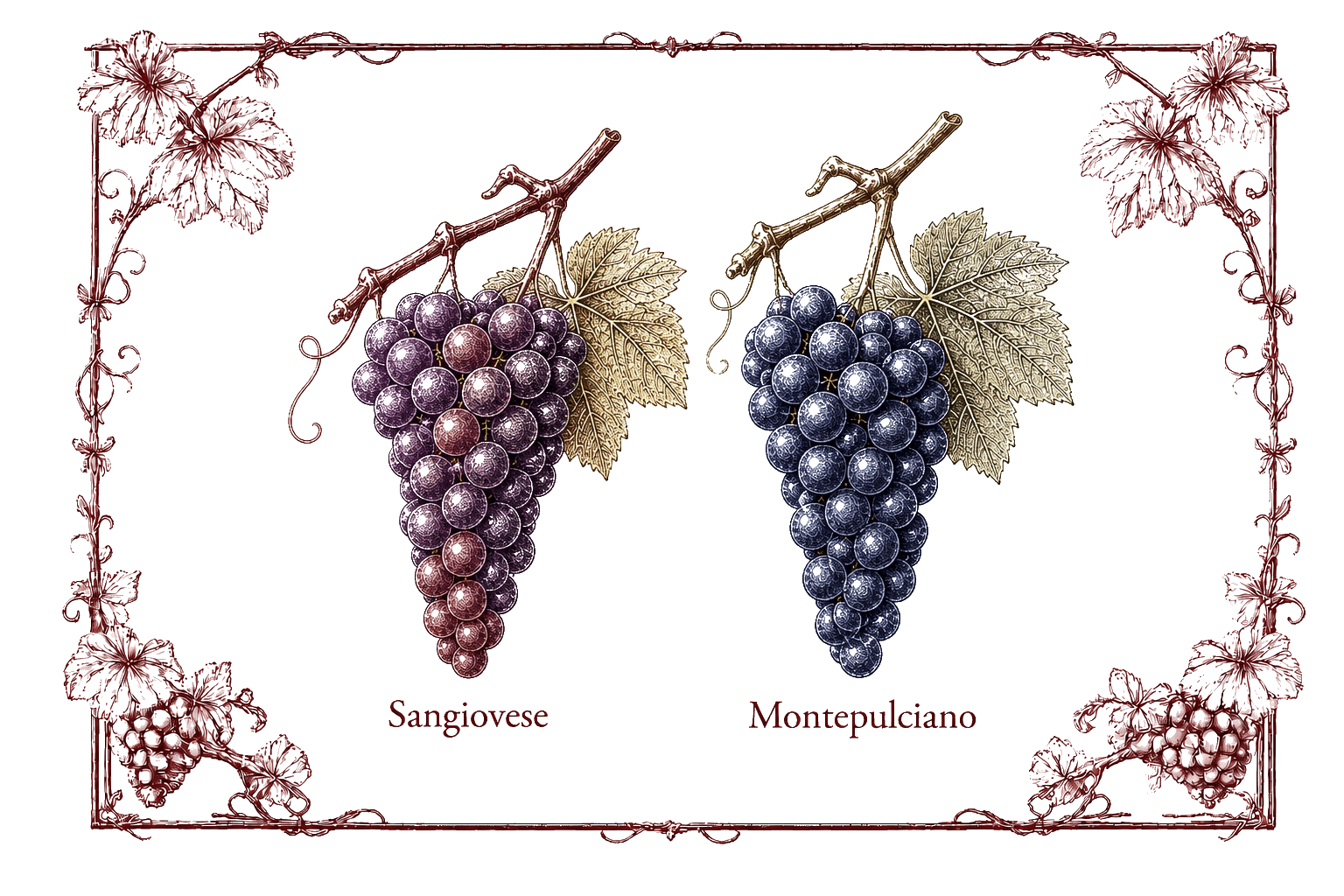 Botanical illustration of two grape clusters on a single branch — labelled Sangiovese and Montepulciano — framed by ornamental burgundy vine scrollwork