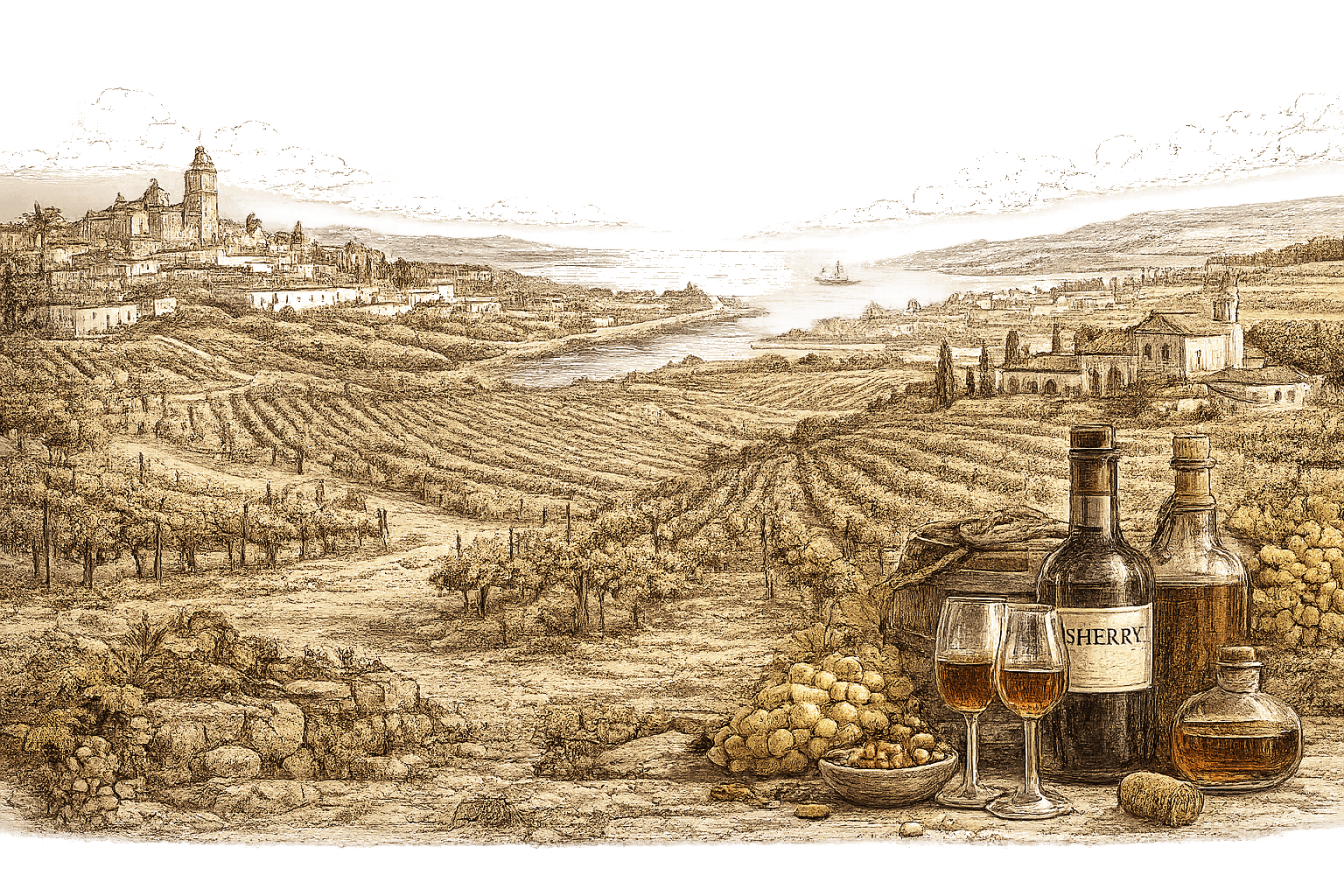 Sepia illustration of the Sherry Triangle — a sunlit landscape of albariza vineyards sloping to the river, a hilltop town, with sherry bottles, copitas, grapes and a cask in the foreground