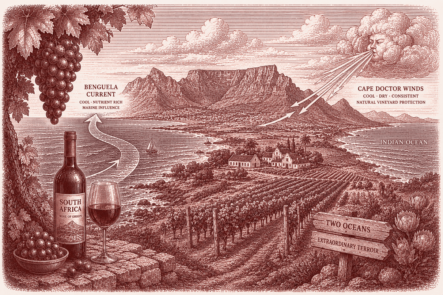 Burgundy ink illustration of a Cape vineyard beneath Table Mountain — vine rows running towards the sea, with the Benguela Current sweeping up the coast, the Cape Doctor wind blowing from the mountains, a bottle and glass of South African wine and a “Two Oceans” signpost in the foreground