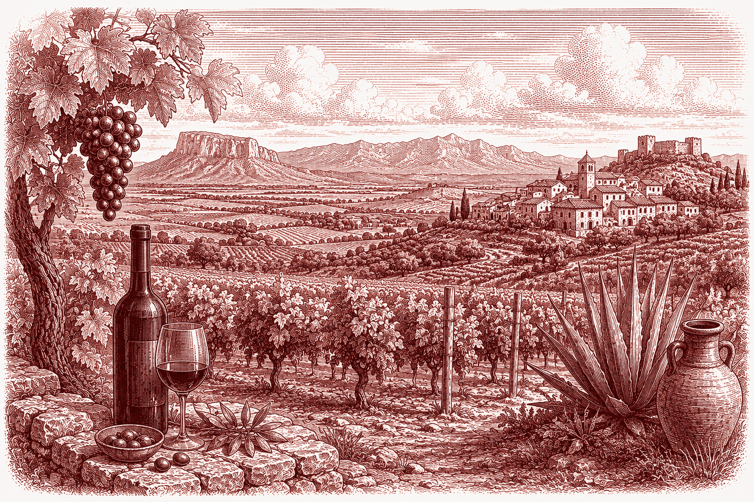Burgundy ink illustration of a Spanish wine landscape — bush-trained vines on stony ground below a flat-topped mesa and distant sierra, a hilltop village with a castle, and a wine bottle, glass and clay amphora in the foreground