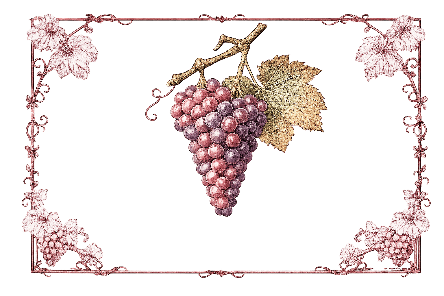 Botanical illustration of a deep red-purple Tempranillo grape cluster with a vine leaf, framed by ornamental burgundy vine scrollwork