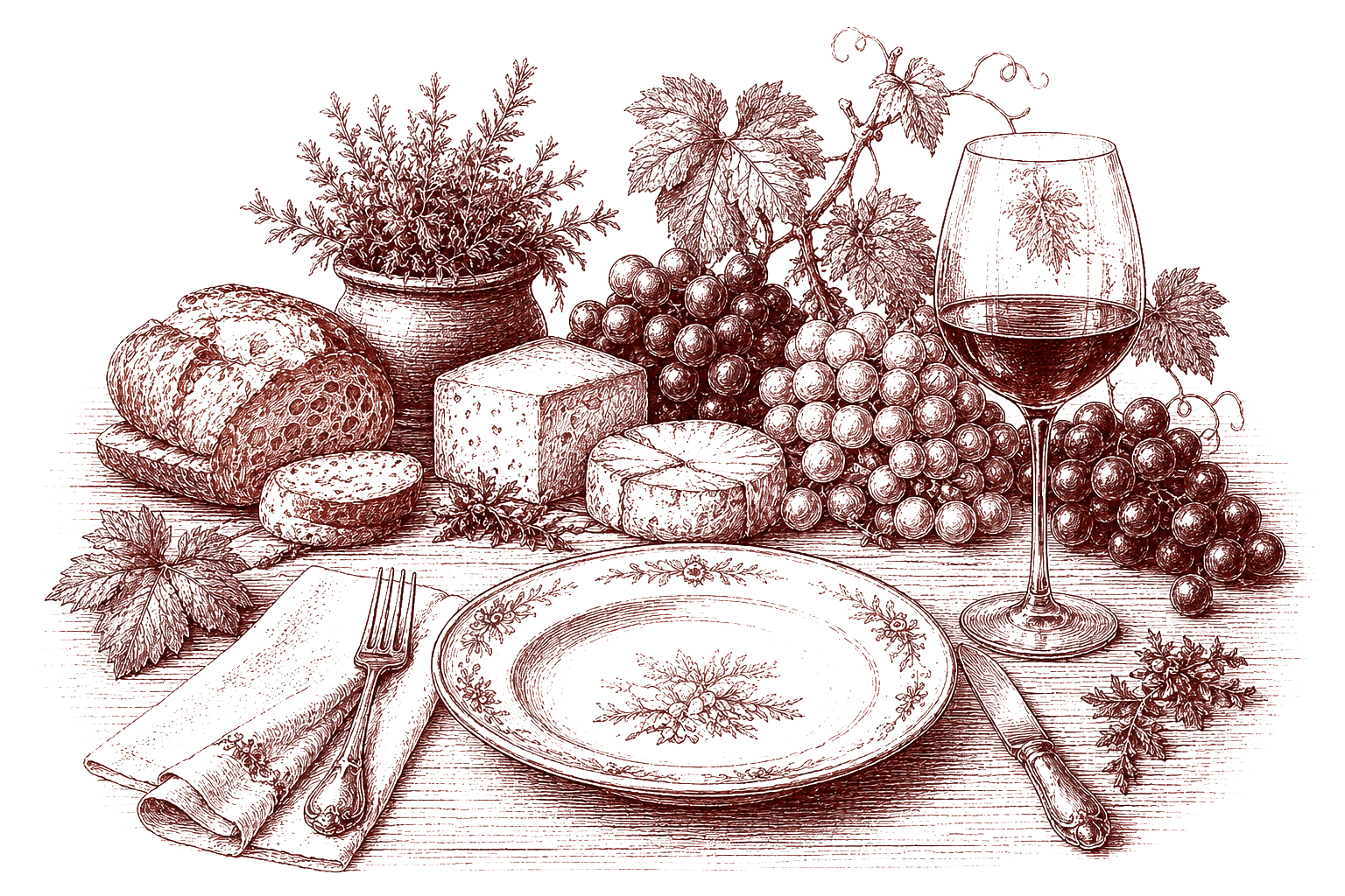 Ink and burgundy still life — a glass of red wine beside grapes, cheeses, crusty bread, herbs and a patterned plate set with a napkin and cutlery