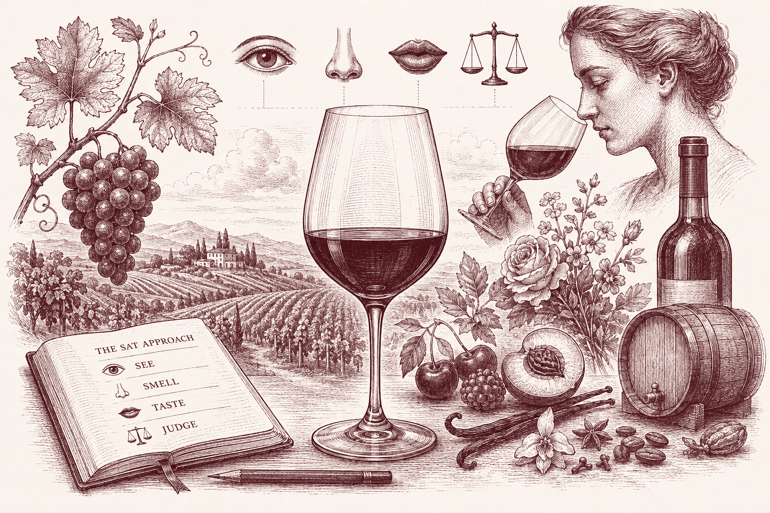 Ink and burgundy engraving of the Systematic Approach to Tasting — a filled wine glass at centre, a woman nosing a glass, grapevine and vineyard, oak barrel and bottle, aroma ingredients, and an open book titled The SAT Approach listing See, Smell, Taste and Judge
