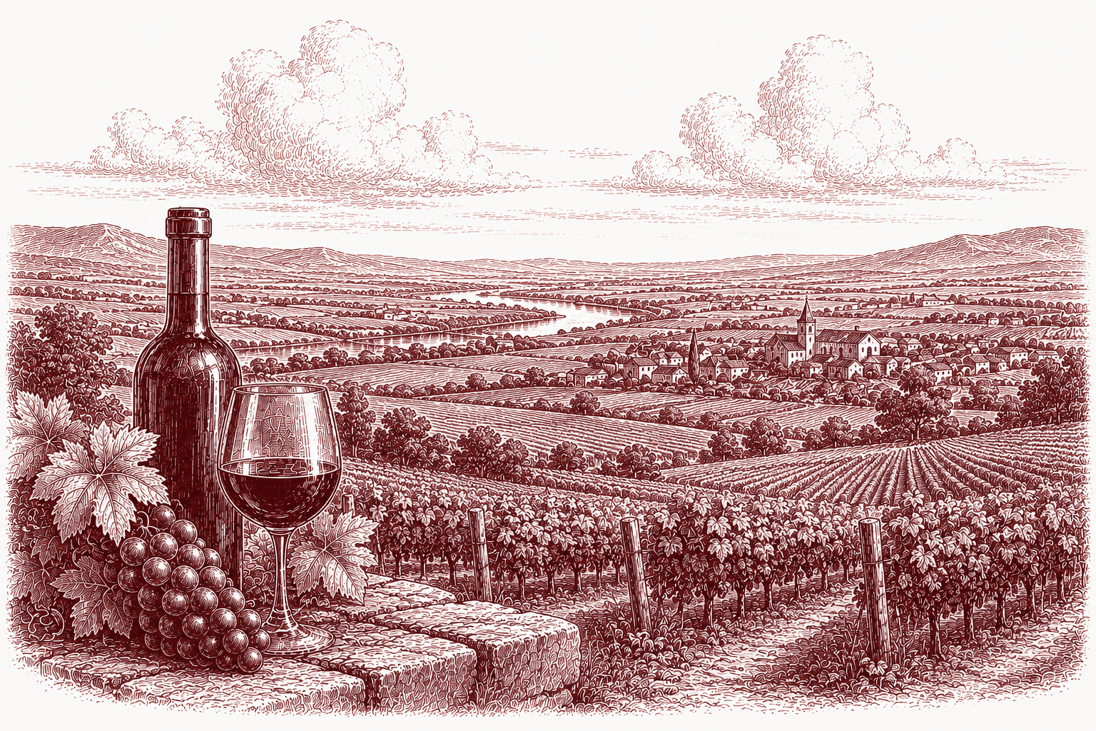 Burgundy ink illustration of the Southern Rhône — broad, sun-baked plains of vines rolling toward a distant village and the river, with a bottle, glass and grapes on a stone wall in the foreground