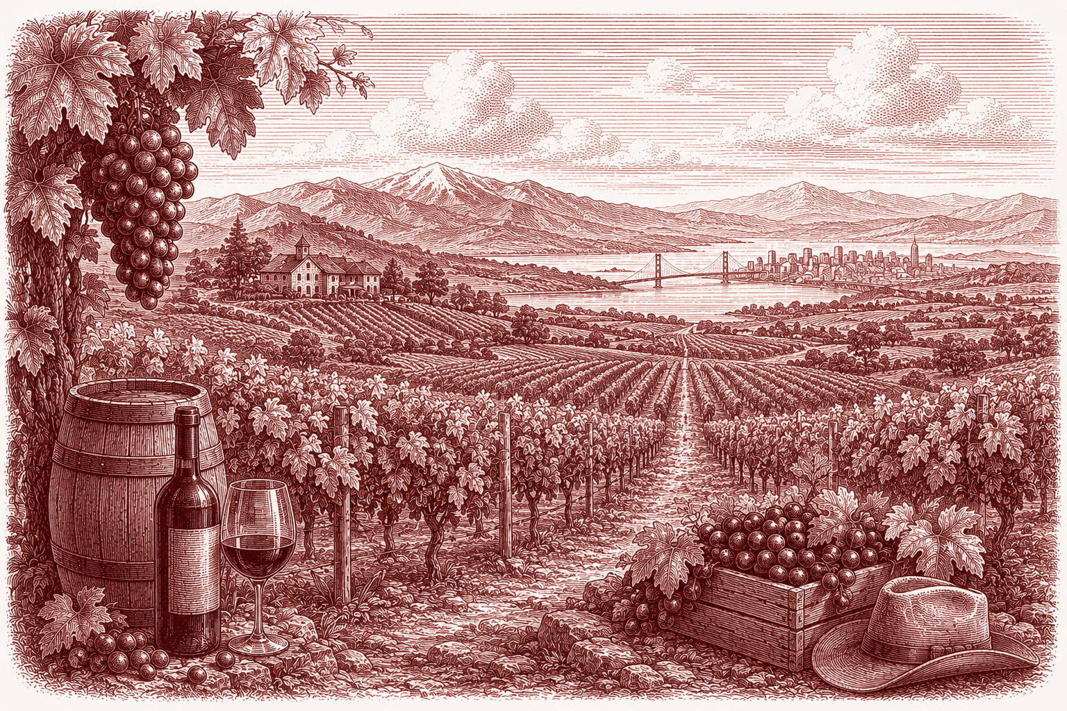 Burgundy ink illustration of a Californian wine landscape — rows of vines running towards San Francisco Bay and the Golden Gate Bridge, with coastal mountains behind and a barrel, bottle, glass and crate of grapes in the foreground