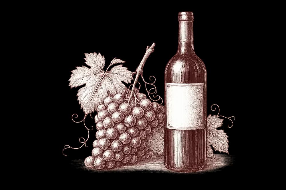 Ink and burgundy engraving of a bottle of red wine beside a cluster of grapes with vine leaves and tendrils