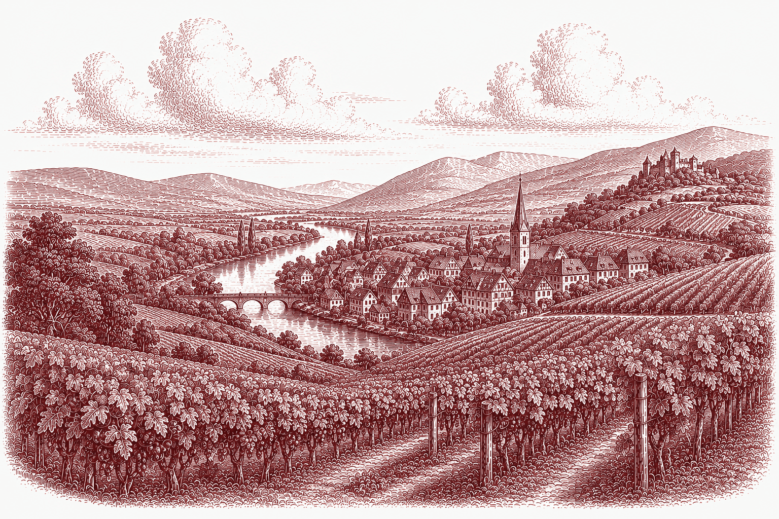 Burgundy ink illustration of Alsace — a river winding past a half-timbered village with a church spire, vine-covered foothills rising to the Vosges and a hilltop castle beyond
