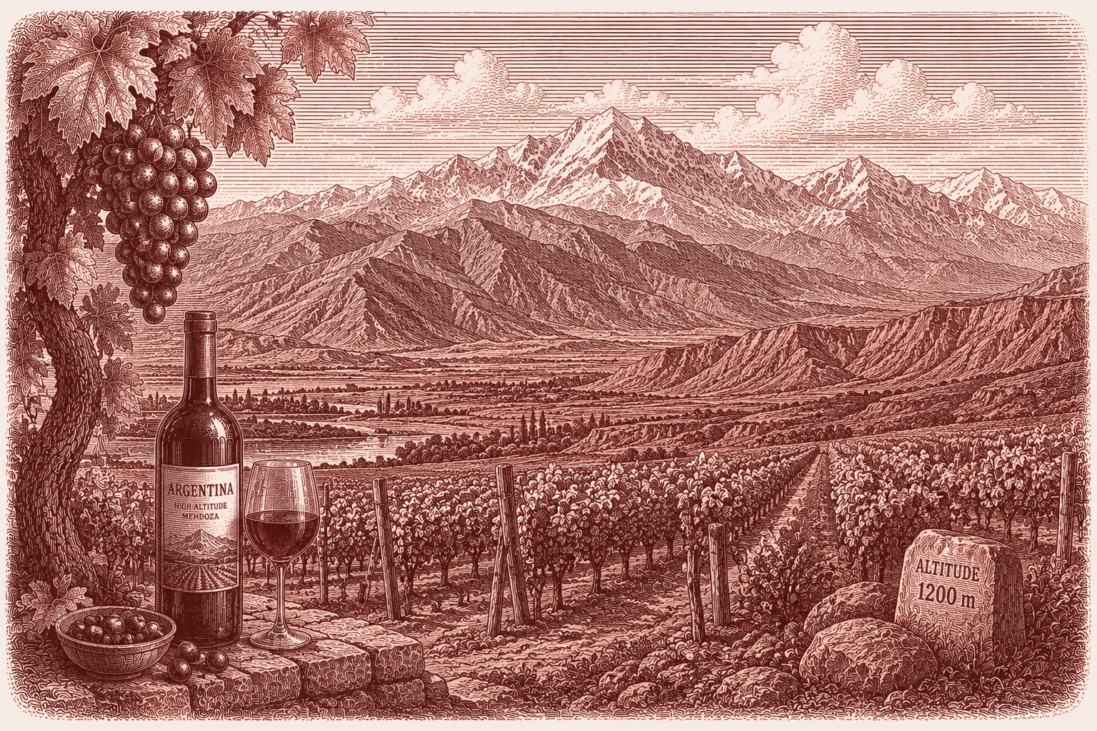 Burgundy ink illustration of a high-altitude Mendoza vineyard — vine rows climbing towards the snow-capped Andes, with a grapevine, a bottle and glass of Argentine wine and an “Altitude 1200 m” marker stone in the foreground
