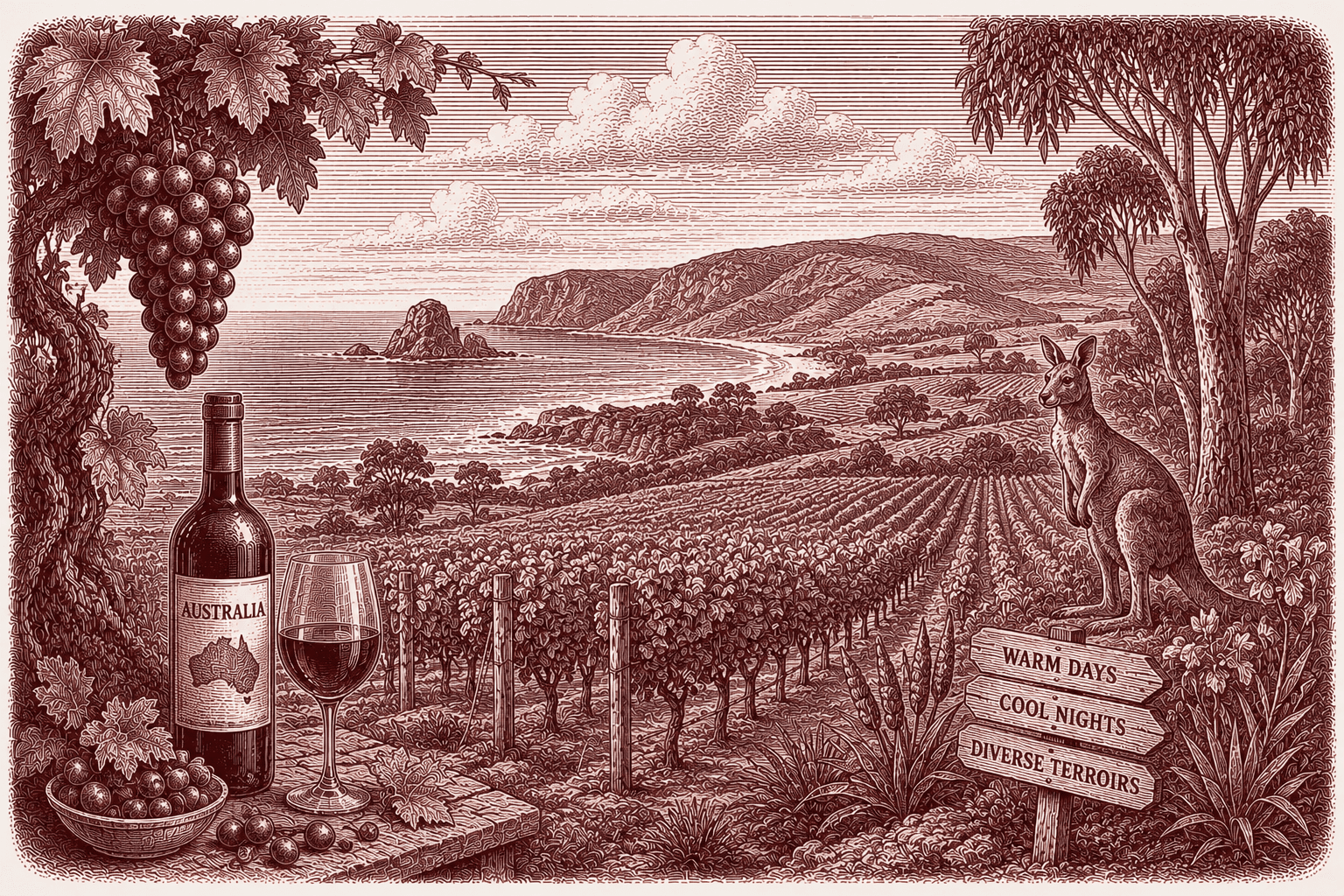Burgundy ink illustration of an Australian coastal vineyard — vine rows sweeping down to the sea, with a grapevine, a bottle and glass of Australian wine, a kangaroo beneath a eucalyptus and a “Warm days · Cool nights · Diverse terroirs” signpost in the foreground