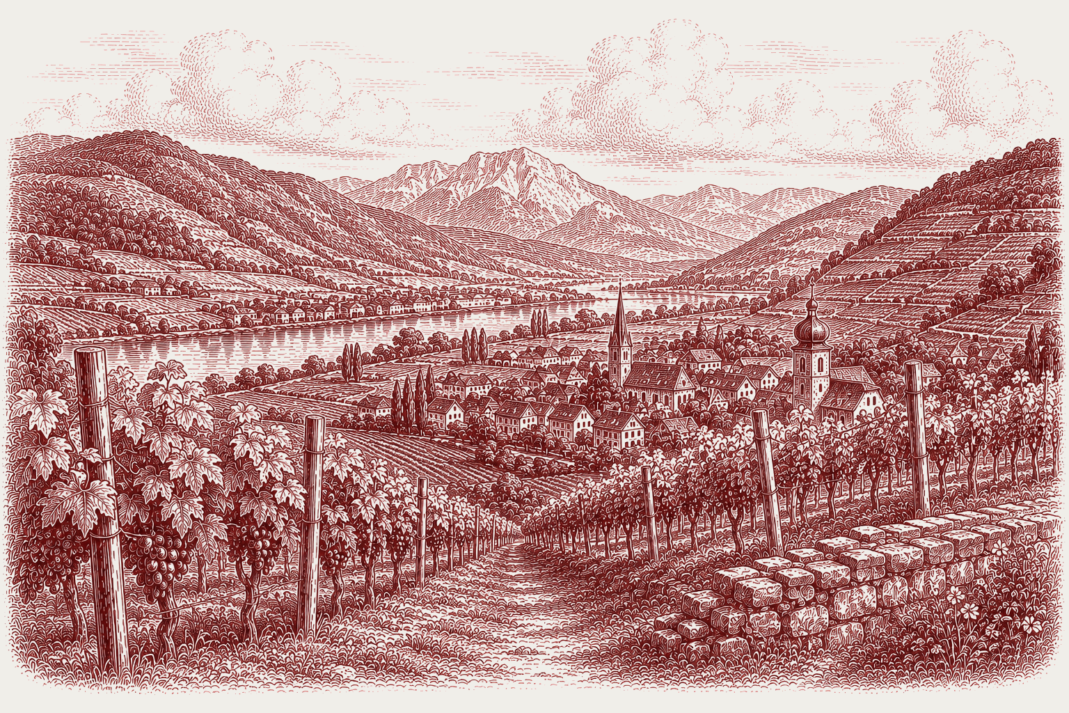 Burgundy ink illustration of an Austrian wine landscape — terraced vineyards rising above a village on the Danube, with mountains behind and a bunch of ripe grapes in the foreground
