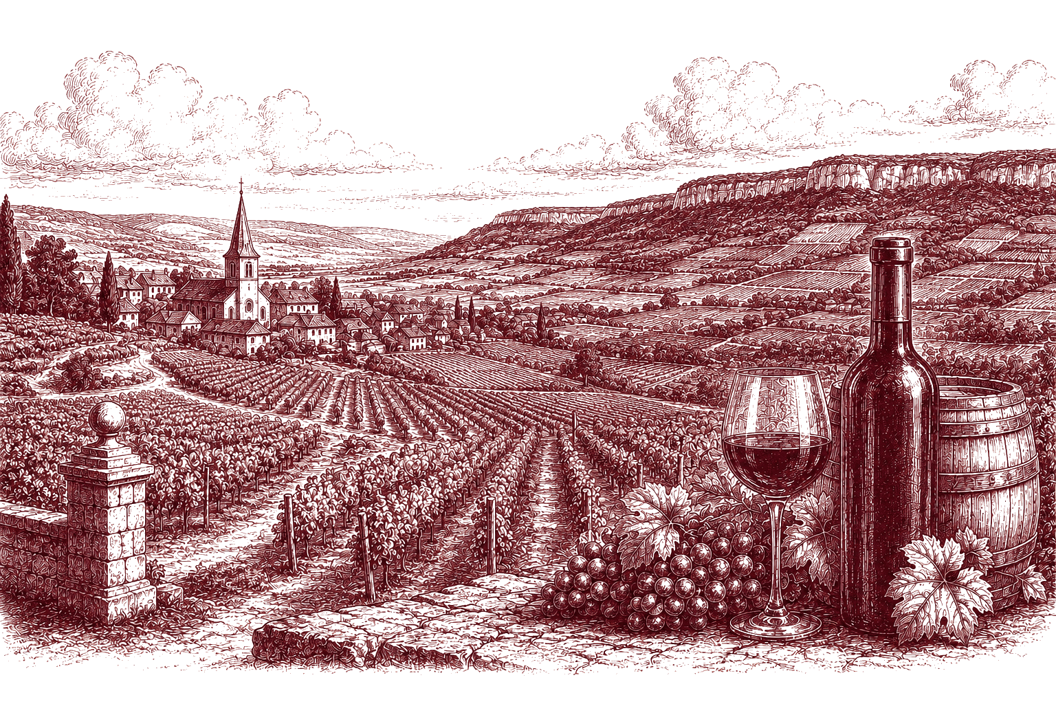 Burgundy ink illustration of a Burgundian village with a church spire above rows of vines climbing a limestone escarpment, with a glass of red wine, a bottle, cask and grapes in the foreground