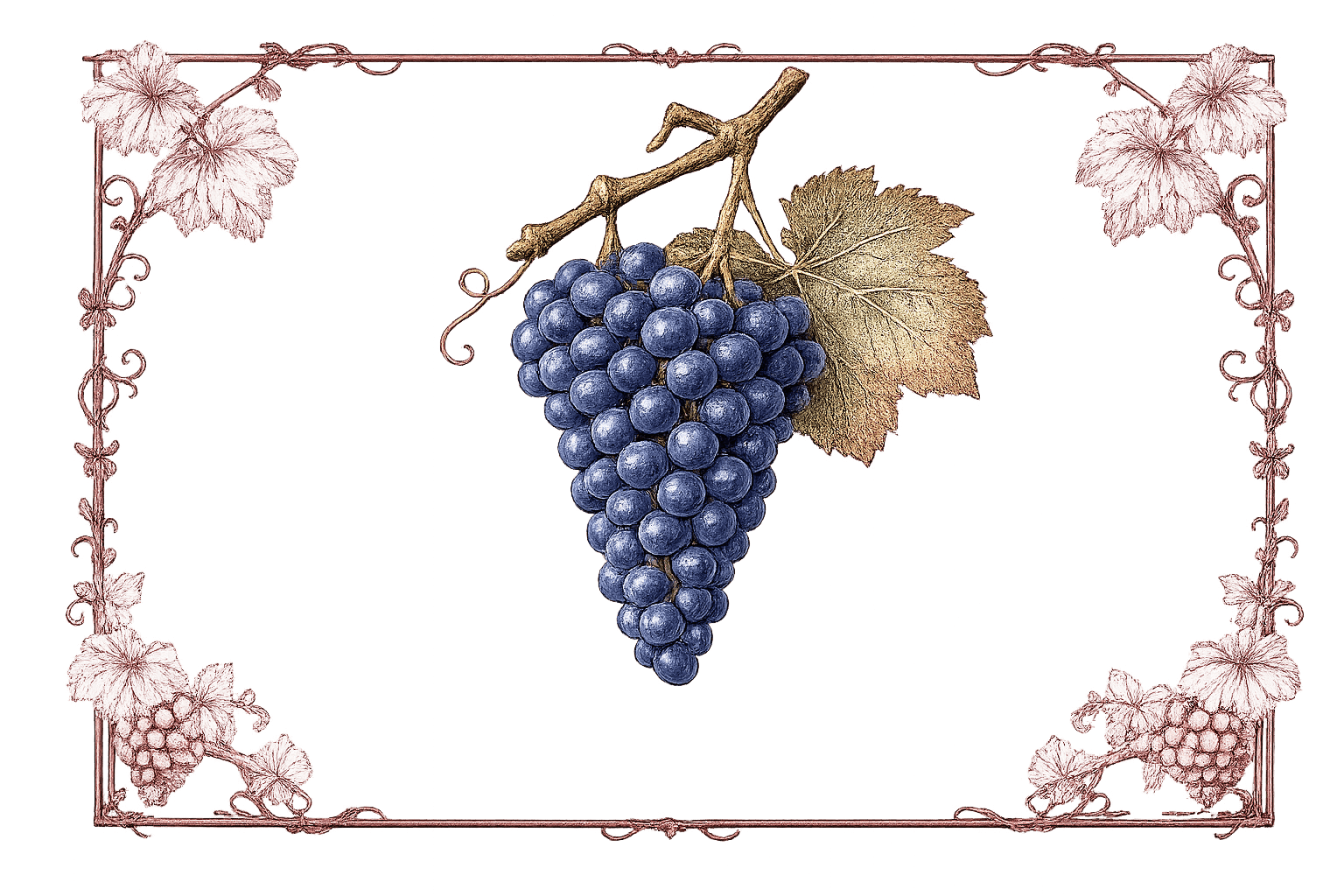 Botanical illustration of a deep blue-purple Cabernet Sauvignon grape cluster with a golden vine leaf, framed by ornamental burgundy vine scrollwork