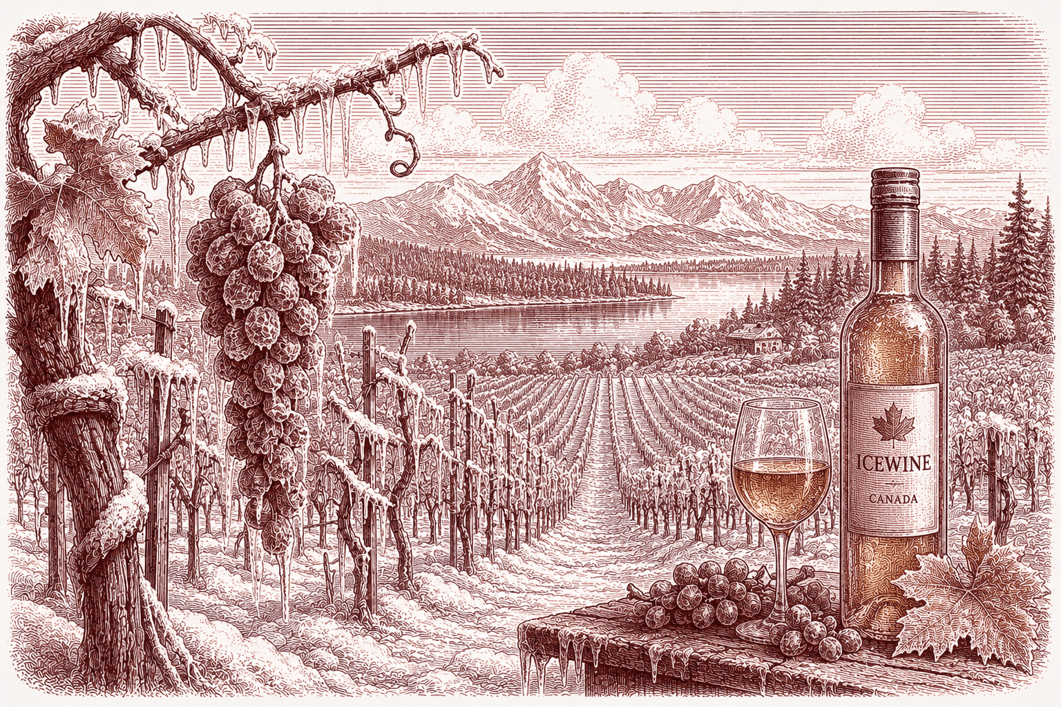 Burgundy ink illustration of a frozen Canadian vineyard — snow-covered vine rows and a bunch of frozen grapes dripping with icicles beside a lake and mountains, with a bottle of Icewine and a glass in the foreground