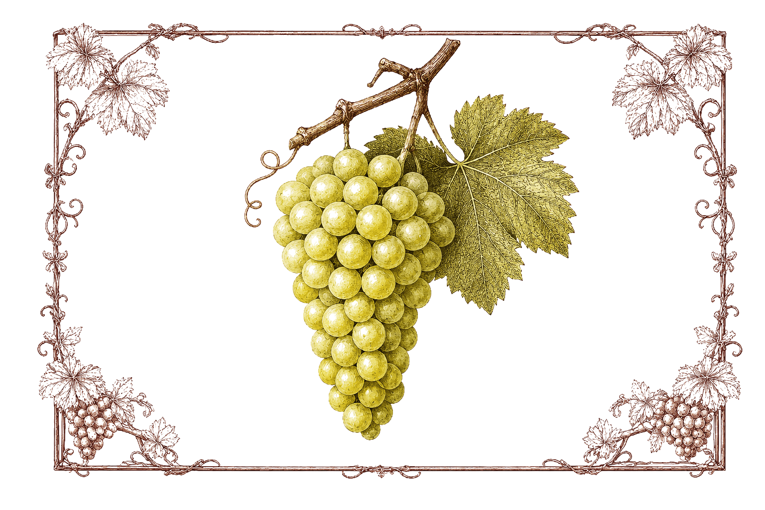 Botanical illustration of a green Chardonnay grape cluster with a vine leaf, framed by ornamental vine scrollwork