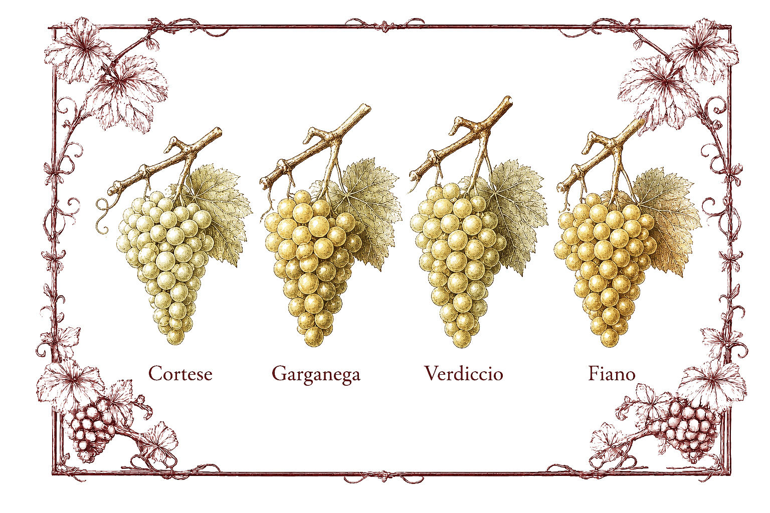 Botanical illustration of four white grape clusters on a single branch — labelled Cortese, Garganega, Verdiccio and Fiano — framed by ornamental burgundy vine scrollwork