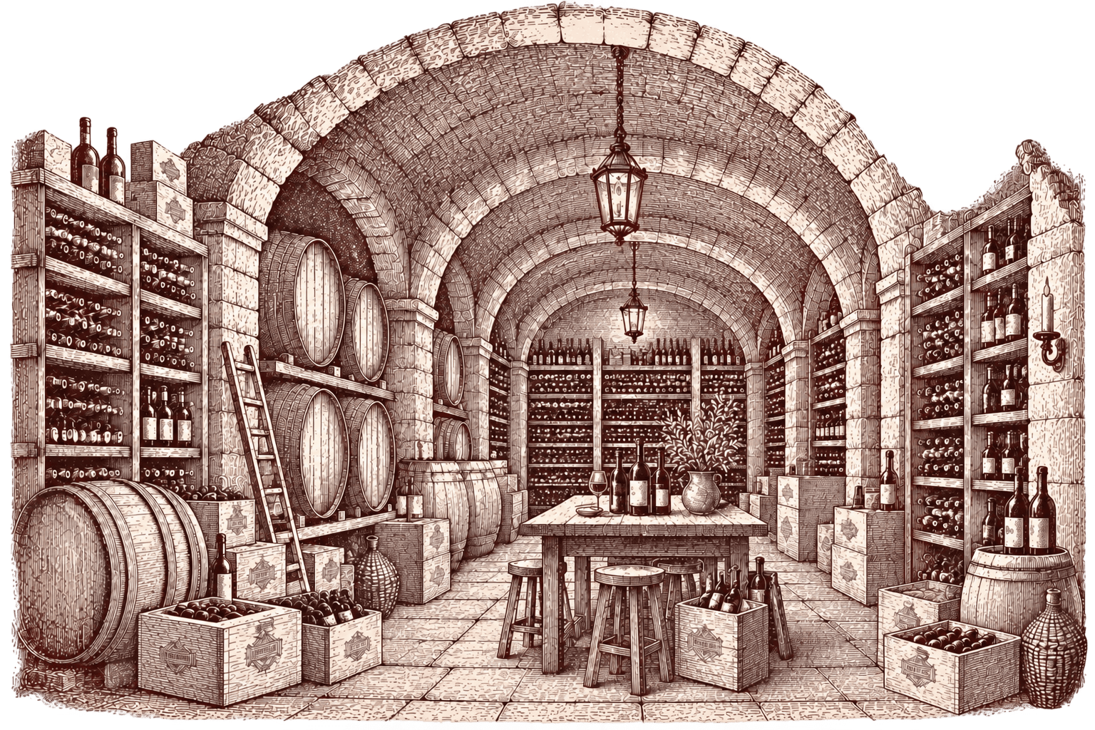 Ink and burgundy engraving of a wine cellar — bottles resting on their side in racks, oak barrels, and a bottle with two filled glasses and a corkscrew in the foreground