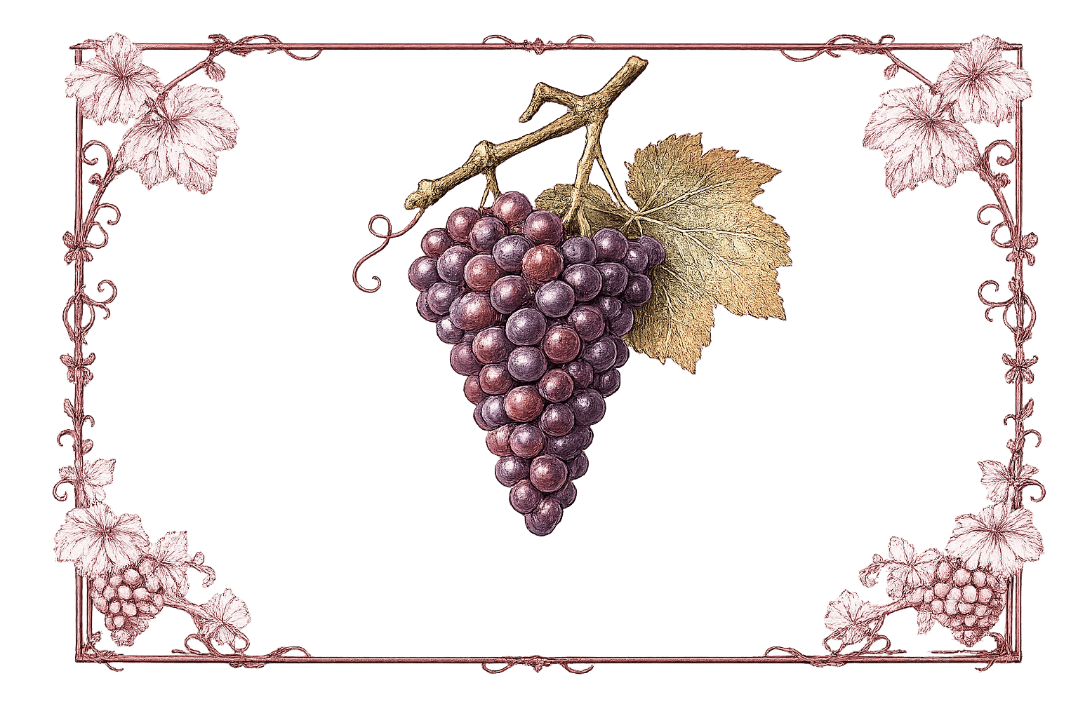 Botanical illustration of a rosy purple-red Gamay grape cluster with a golden vine leaf, framed by ornamental burgundy vine scrollwork