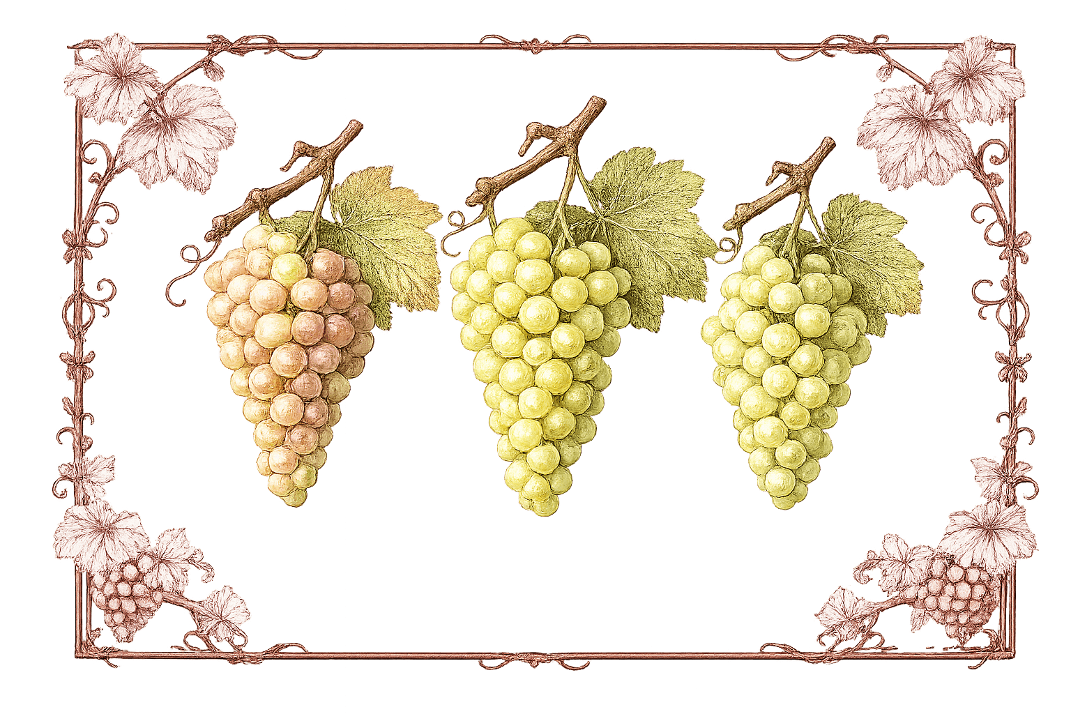Botanical illustration of three white grape clusters — pink-gold, golden and pale green — framed by ornamental burgundy vine scrollwork