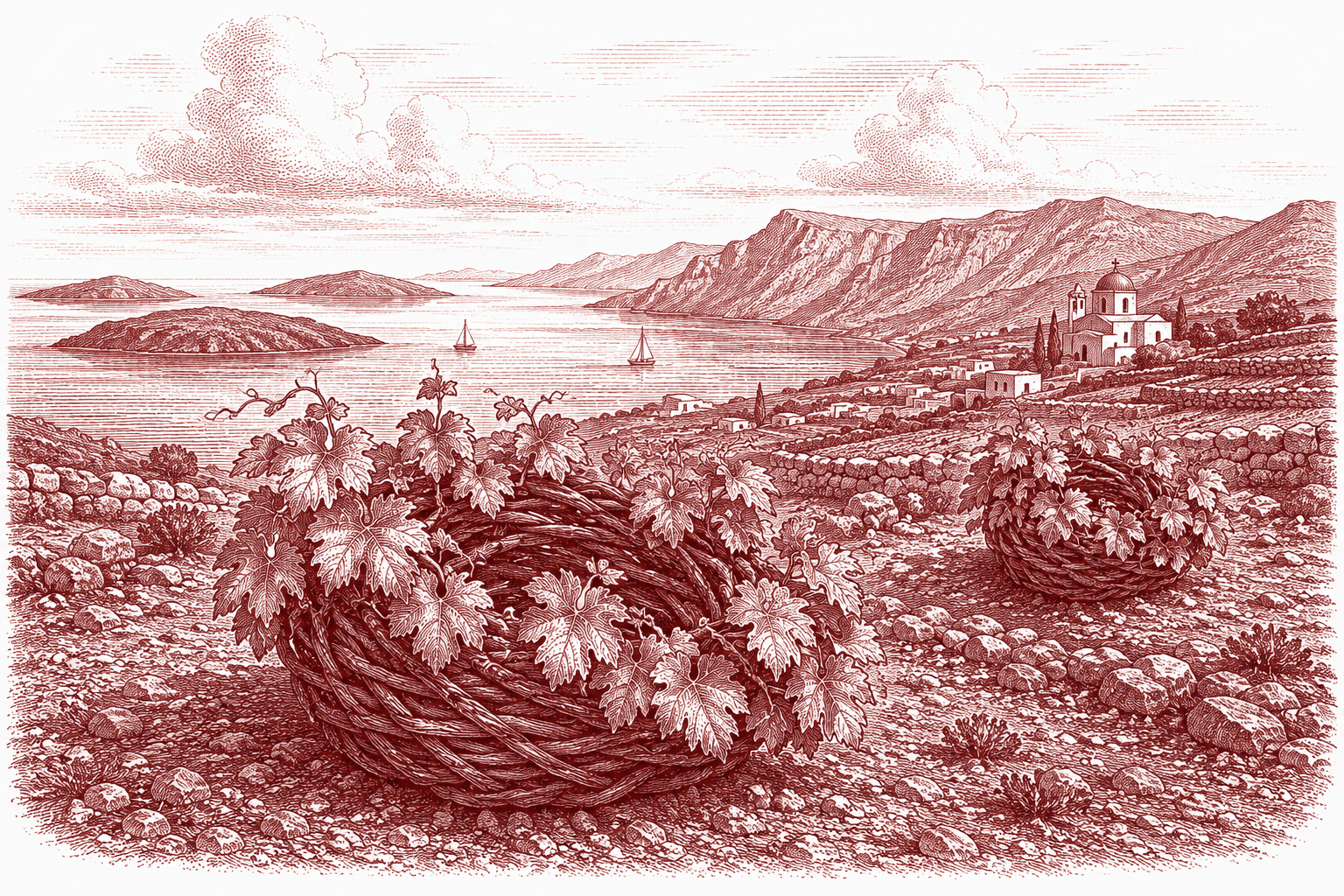 Burgundy ink illustration of a Greek coastal vineyard — basket-trained Kouloura vines on stony volcanic ground above the Aegean sea, with islands, mountains and a whitewashed church beyond