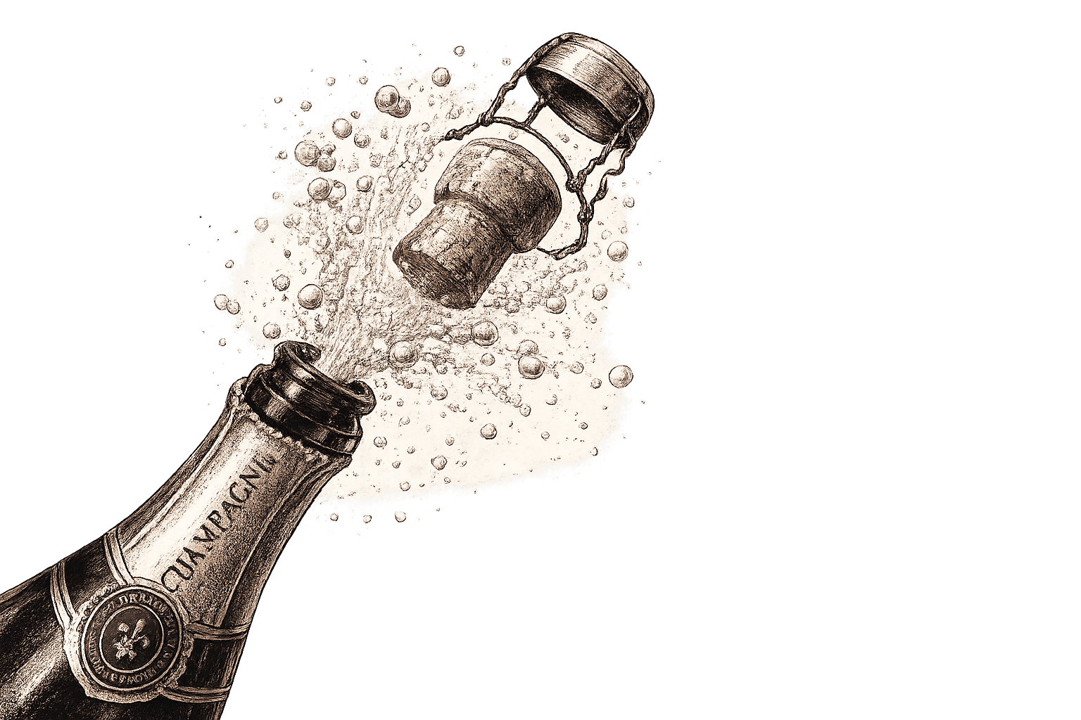 Sepia illustration of a Champagne bottle erupting — the cork and wire cage flying off amid a spray of bubbles