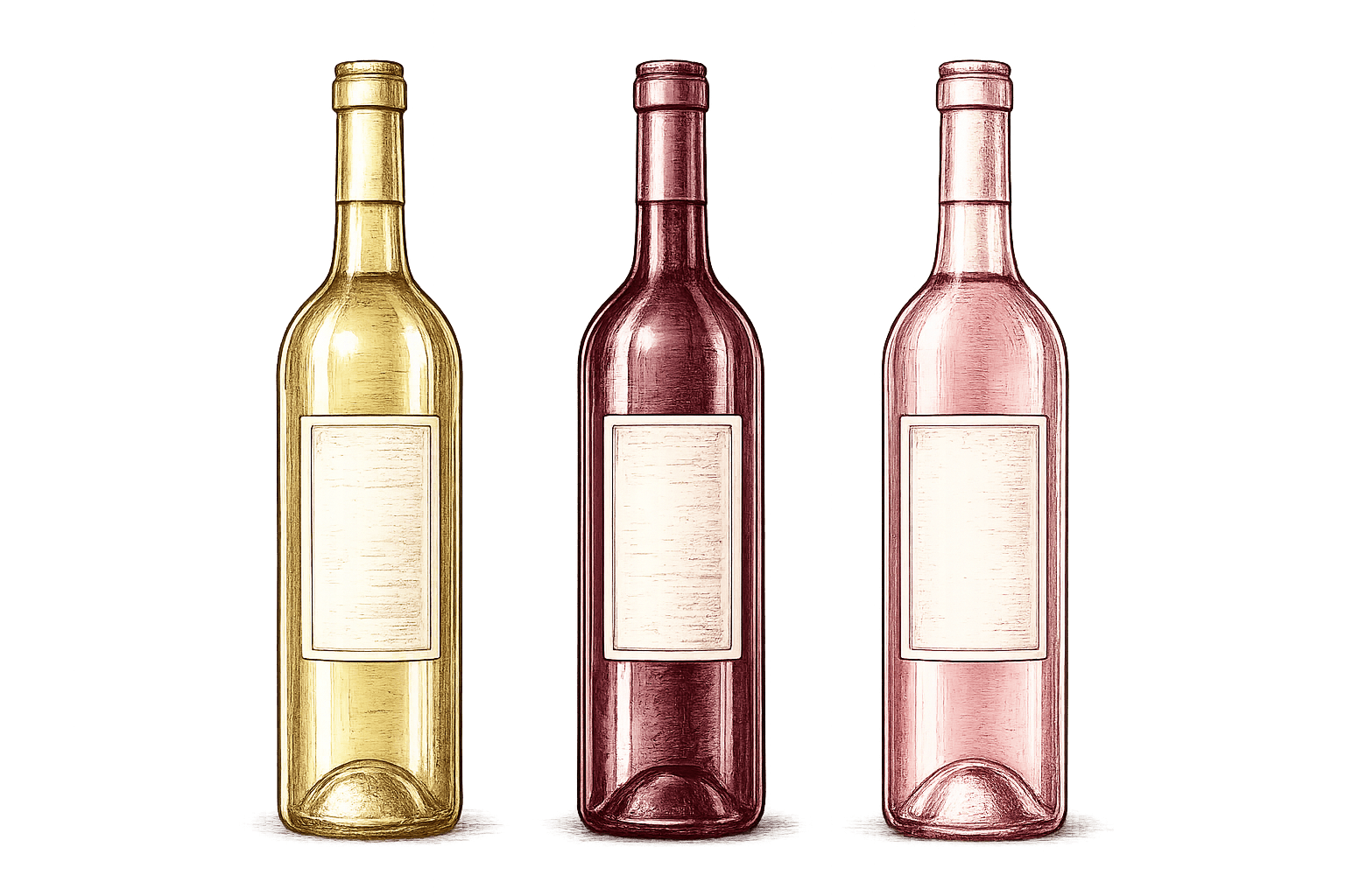 Coloured pencil illustration of three finished wine bottles side by side — a golden white, a deep burgundy red and a pale pink rosé, each with a blank label