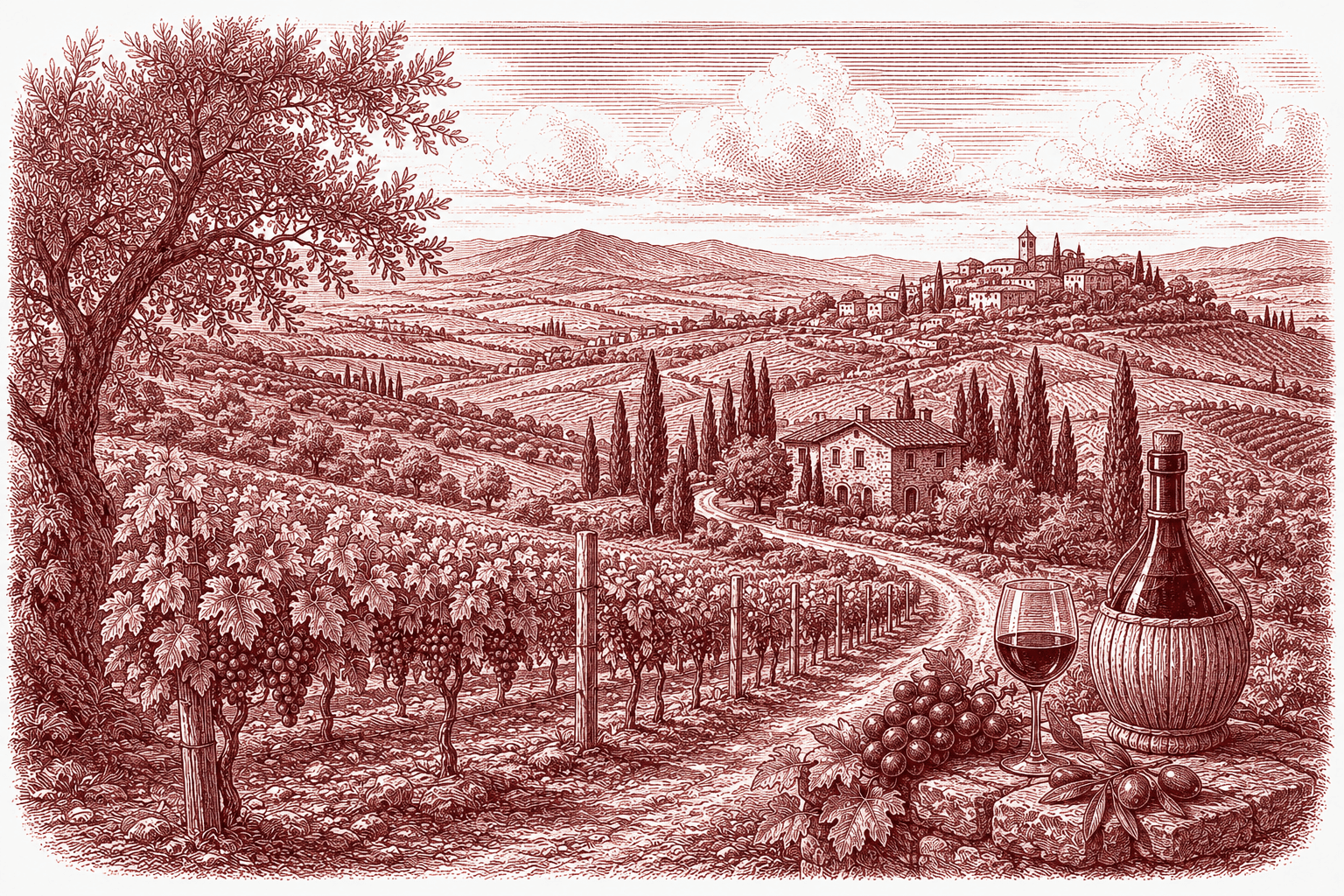 Burgundy ink illustration of a Tuscan landscape — rolling hills of vineyards and olive groves with cypress trees, a stone farmhouse and a hilltop village, a wine glass and straw-wrapped fiasco in the foreground