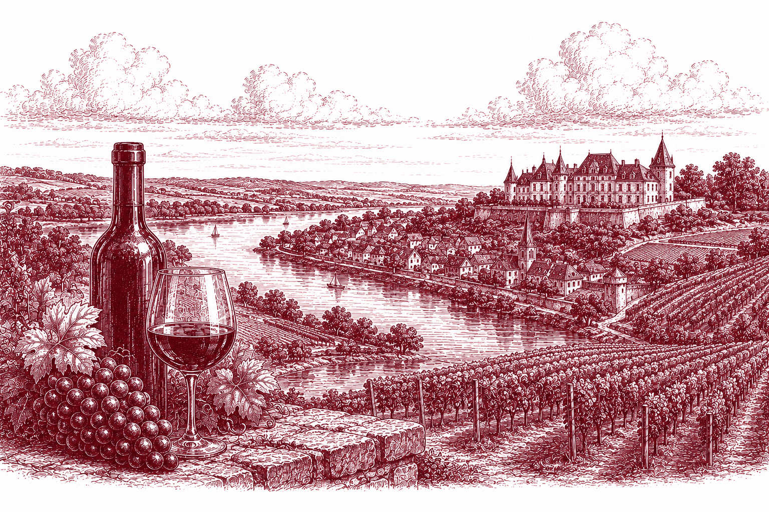 Burgundy ink illustration of the Loire — a broad river curving past a riverside village and a hilltop château, with terraced vines, and a bottle, glass and grapes in the foreground