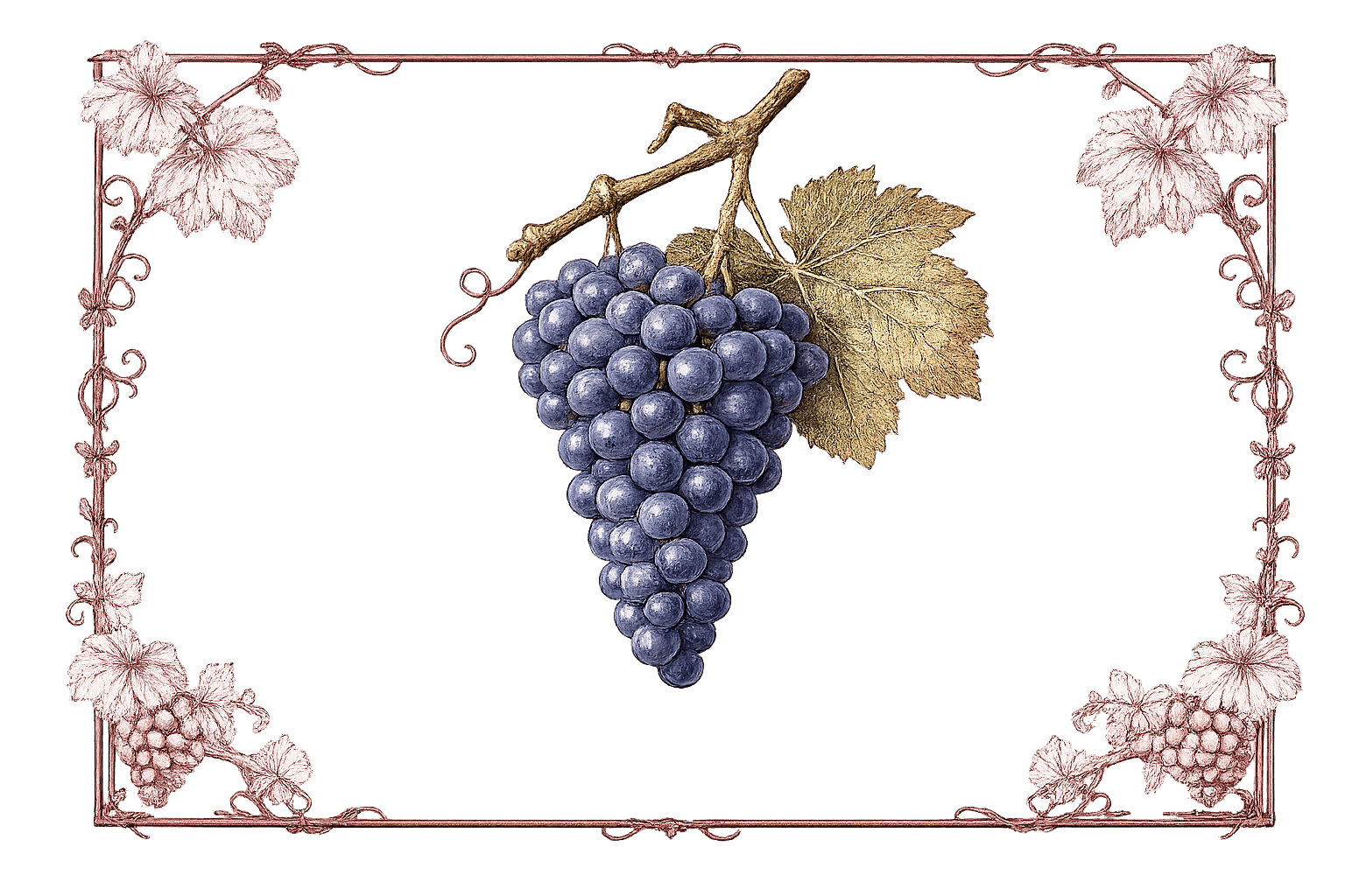 Botanical illustration of a deep blue-purple Merlot grape cluster with a golden vine leaf, framed by ornamental burgundy vine scrollwork