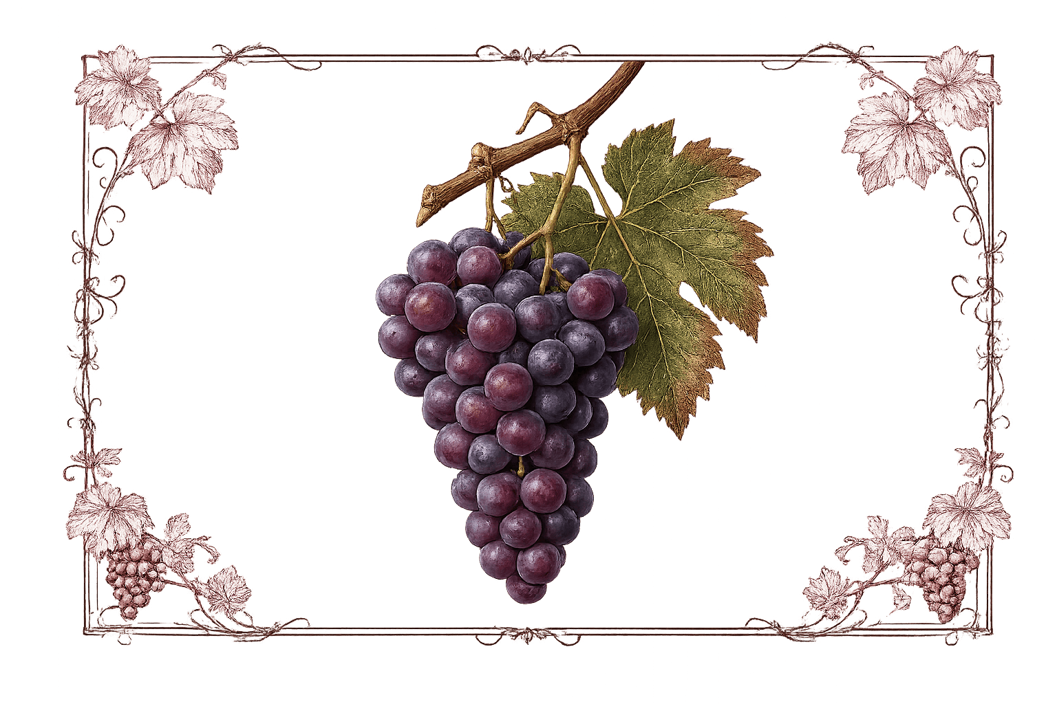 Burgundy line engraving of a Pinot Noir grape cluster with vine leaves framed by ornamental vine scrollwork
