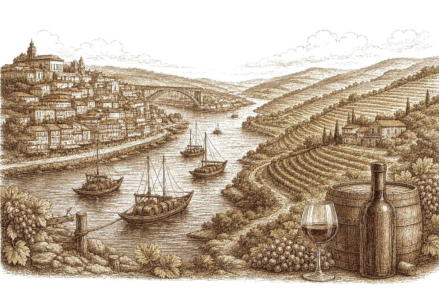 Sepia illustration of the Douro Valley — a terraced river landscape with the town of Porto, traditional rabelo boats carrying barrels, and a glass, bottle and cask in the foreground