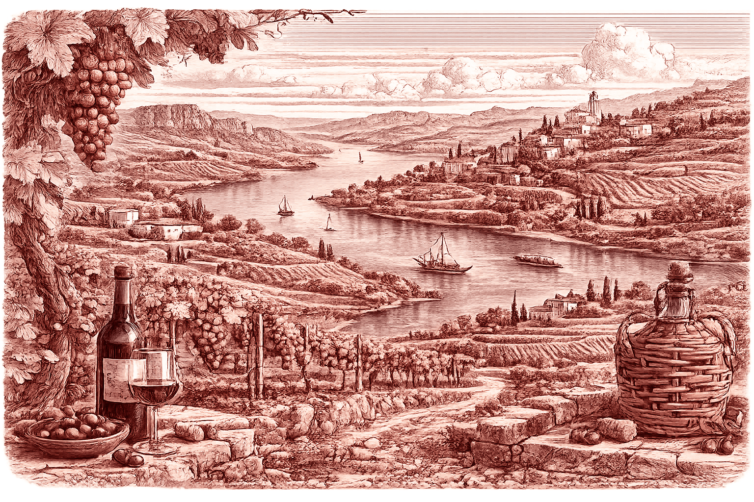Burgundy ink illustration of the Douro Valley — a river winding between steep terraced vineyards past a hilltop village, with a wine bottle, glass and wicker-wrapped demijohn in the foreground