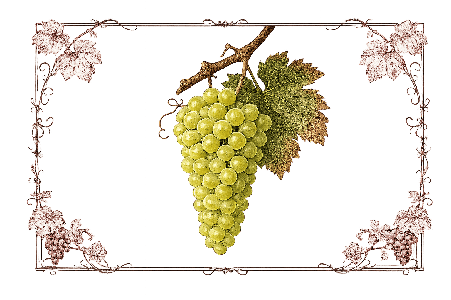 Botanical illustration of a green Riesling grape cluster with a vine leaf, framed by ornamental burgundy vine scrollwork