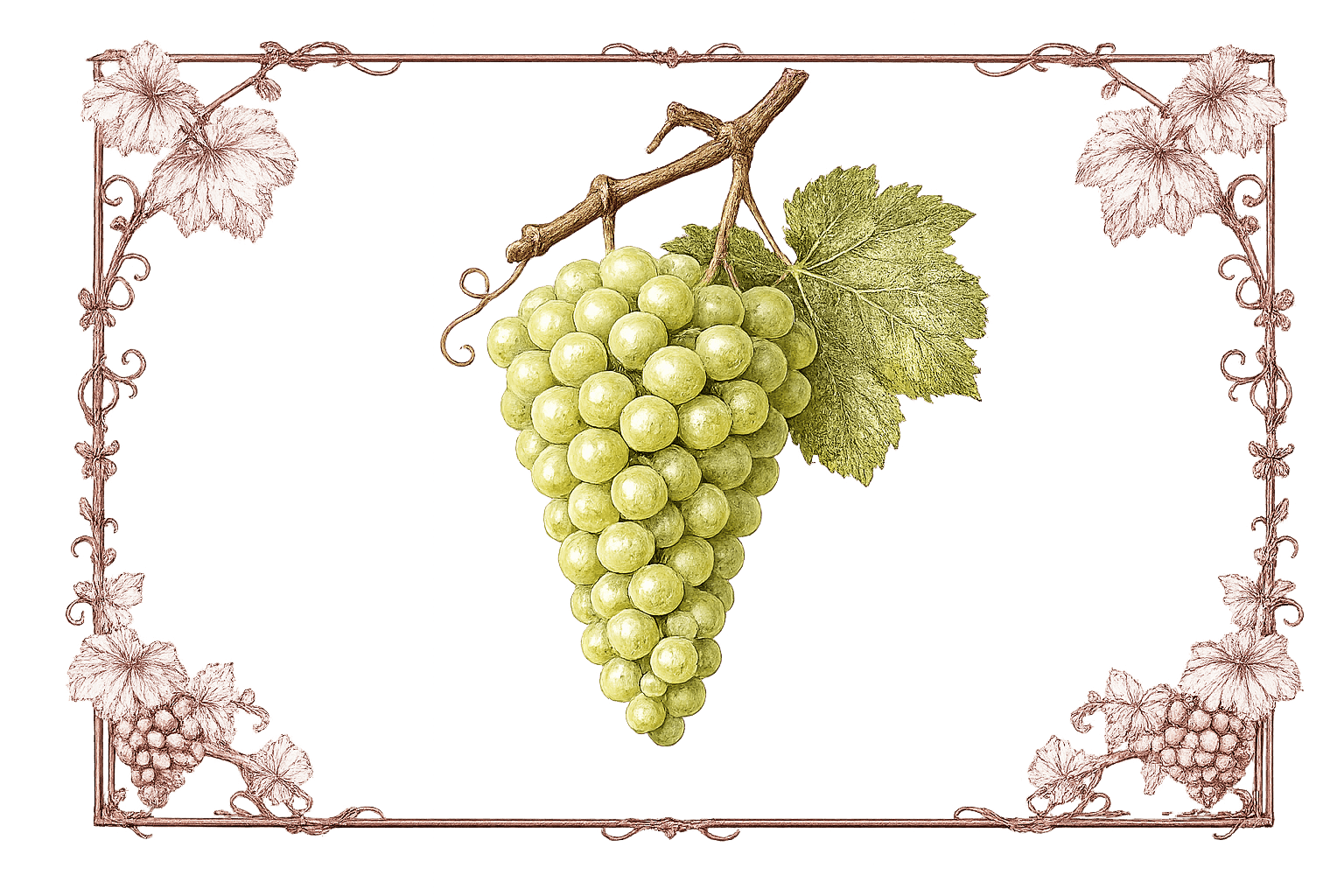 Botanical illustration of a green Sauvignon Blanc grape cluster with a vine leaf, framed by ornamental burgundy vine scrollwork