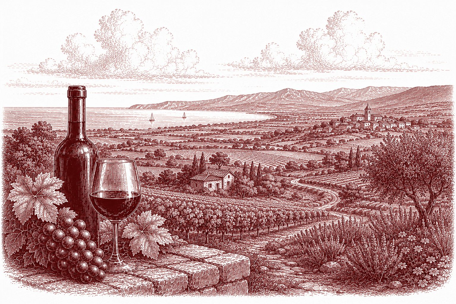 Burgundy ink illustration of Southern France — broad, sun-baked Mediterranean plains of vines rolling toward a distant village and river, with a bottle, glass and grapes on a stone wall in the foreground