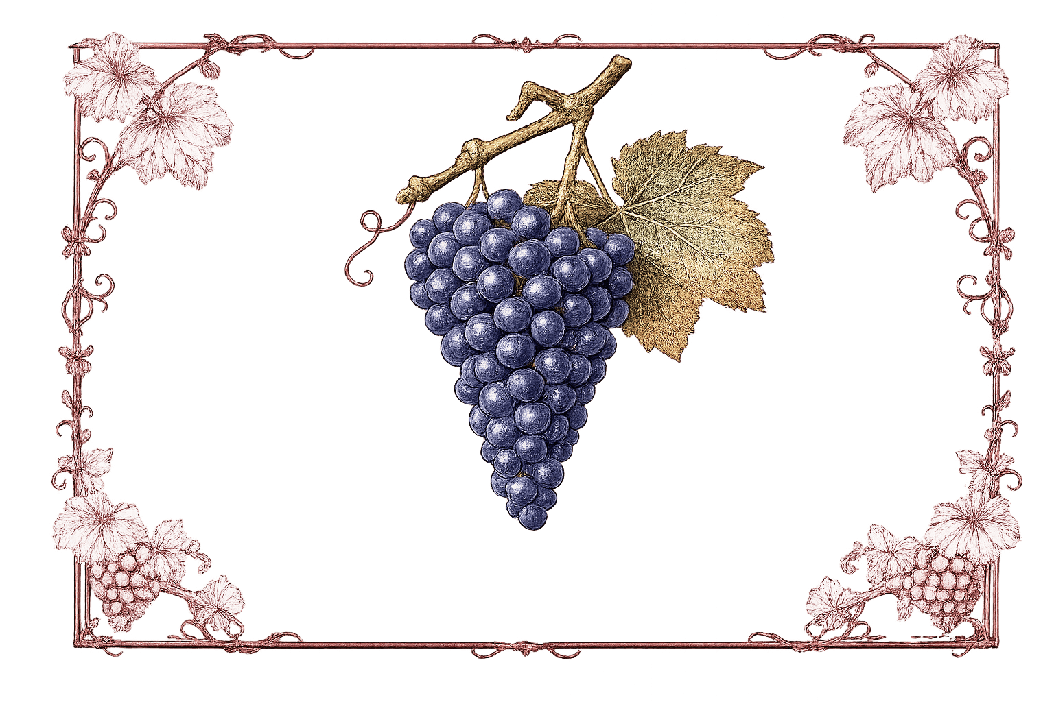 Botanical illustration of a deep blue-purple Syrah grape cluster with a golden vine leaf, framed by ornamental burgundy vine scrollwork