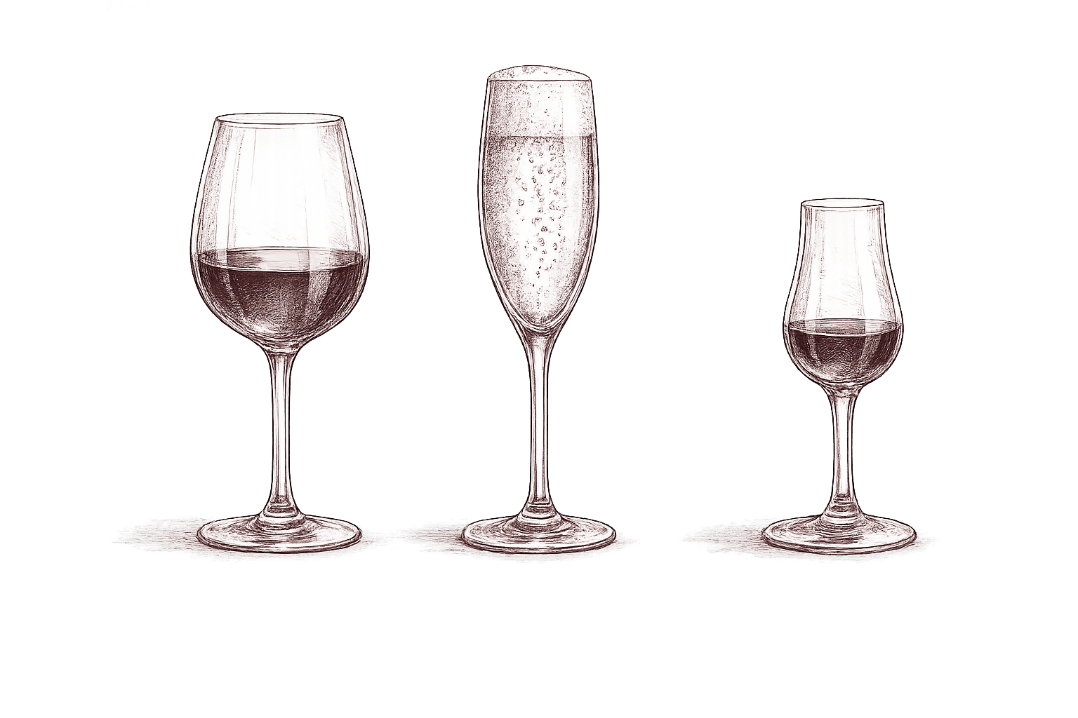 Ink and burgundy engraving of three wine glasses — a still red, a sparkling flute and a small fortified glass
