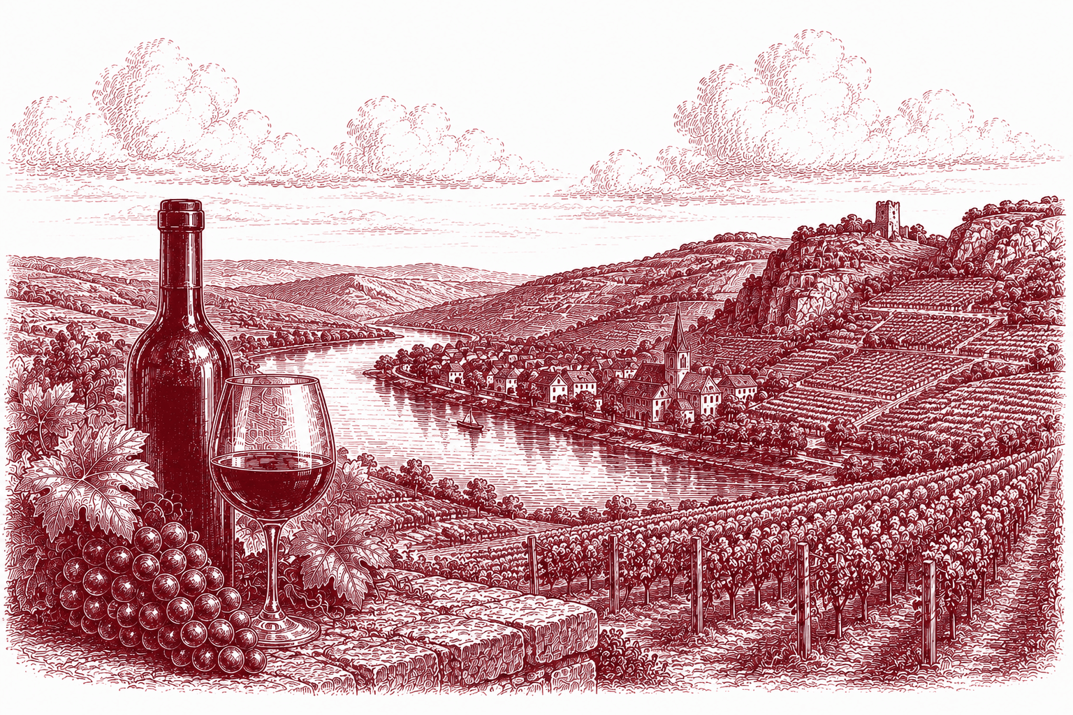 Burgundy ink illustration of the Northern Rhône — a river winding through a narrow valley of steep terraced vineyards below a hilltop ruin, with a village on the bank and a bottle, glass and grapes in the foreground