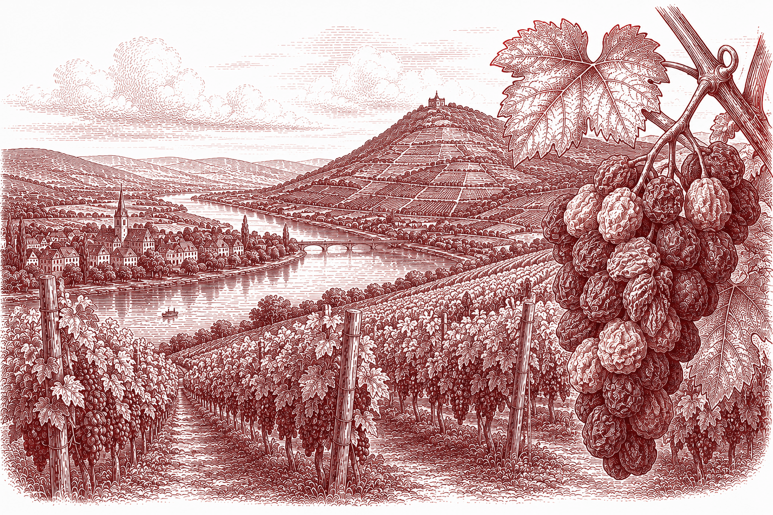 Burgundy ink illustration of Tokaj — a river winding past a village and a vine-covered volcanic hill, with a close-up bunch of shrivelled, botrytis-affected aszú berries in the foreground