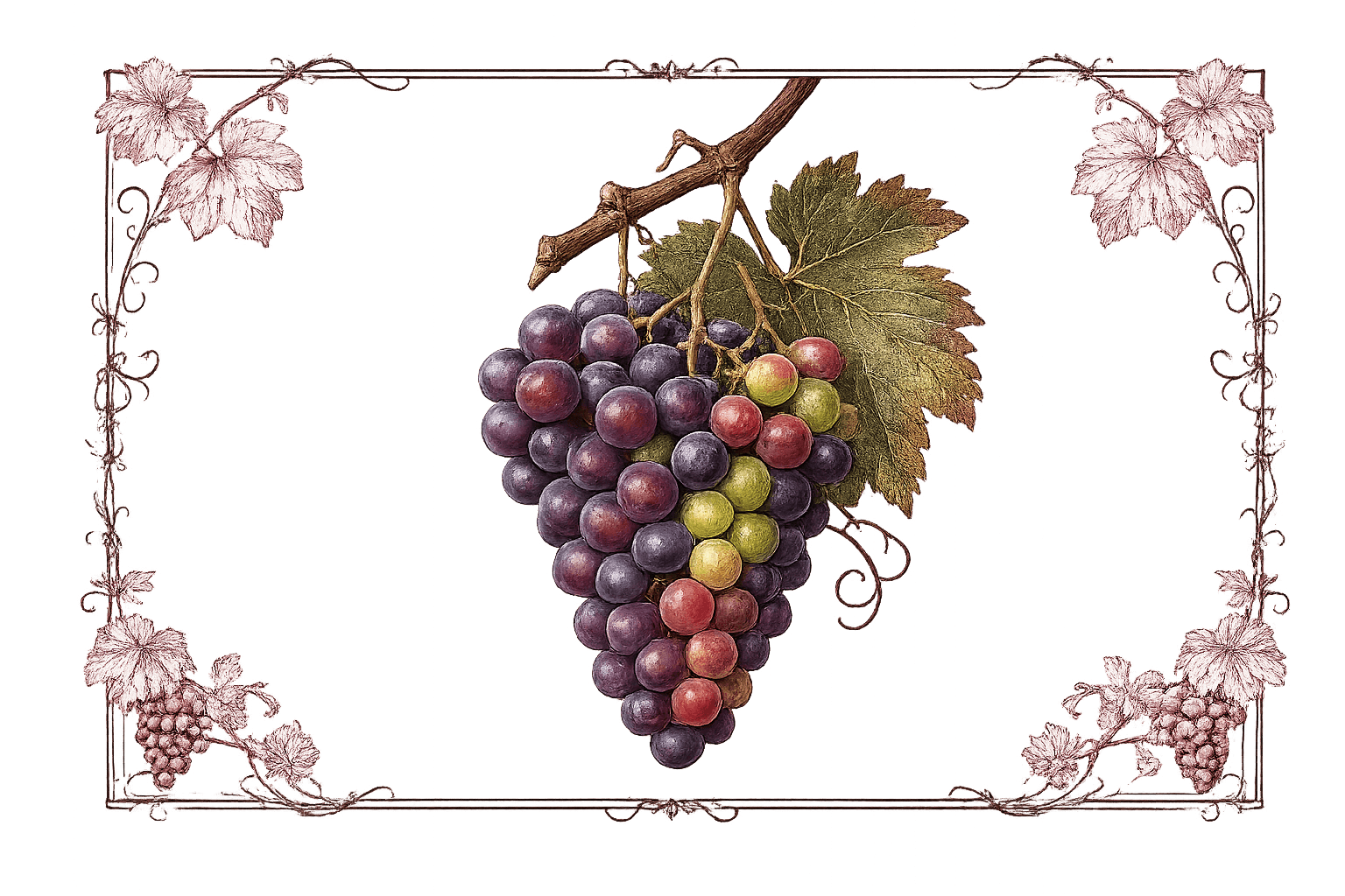 Botanical illustration of a Zinfandel grape cluster with berries at different stages of ripeness, framed by ornamental burgundy vine scrollwork